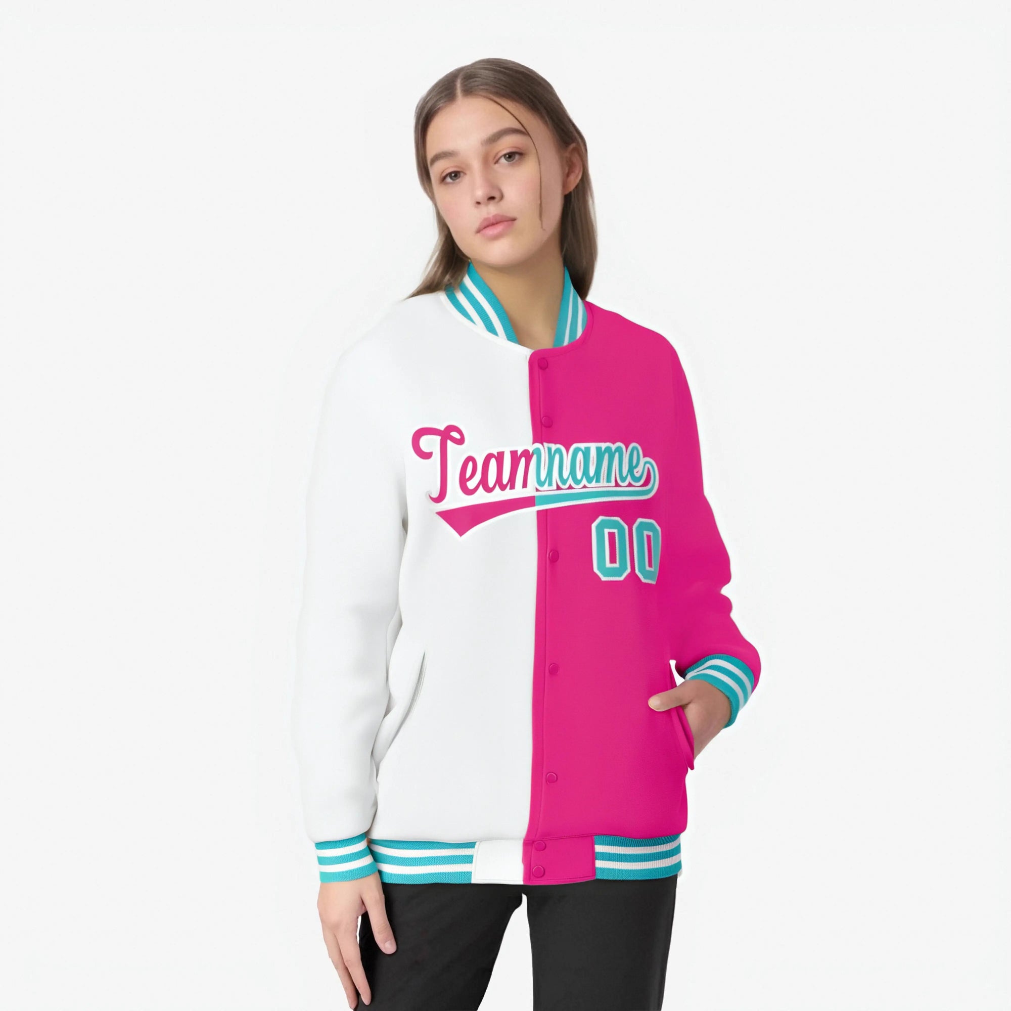 Custom White Pink Aqua Bomber Full-Snap Varsity Letterman Split Fashion Jacket