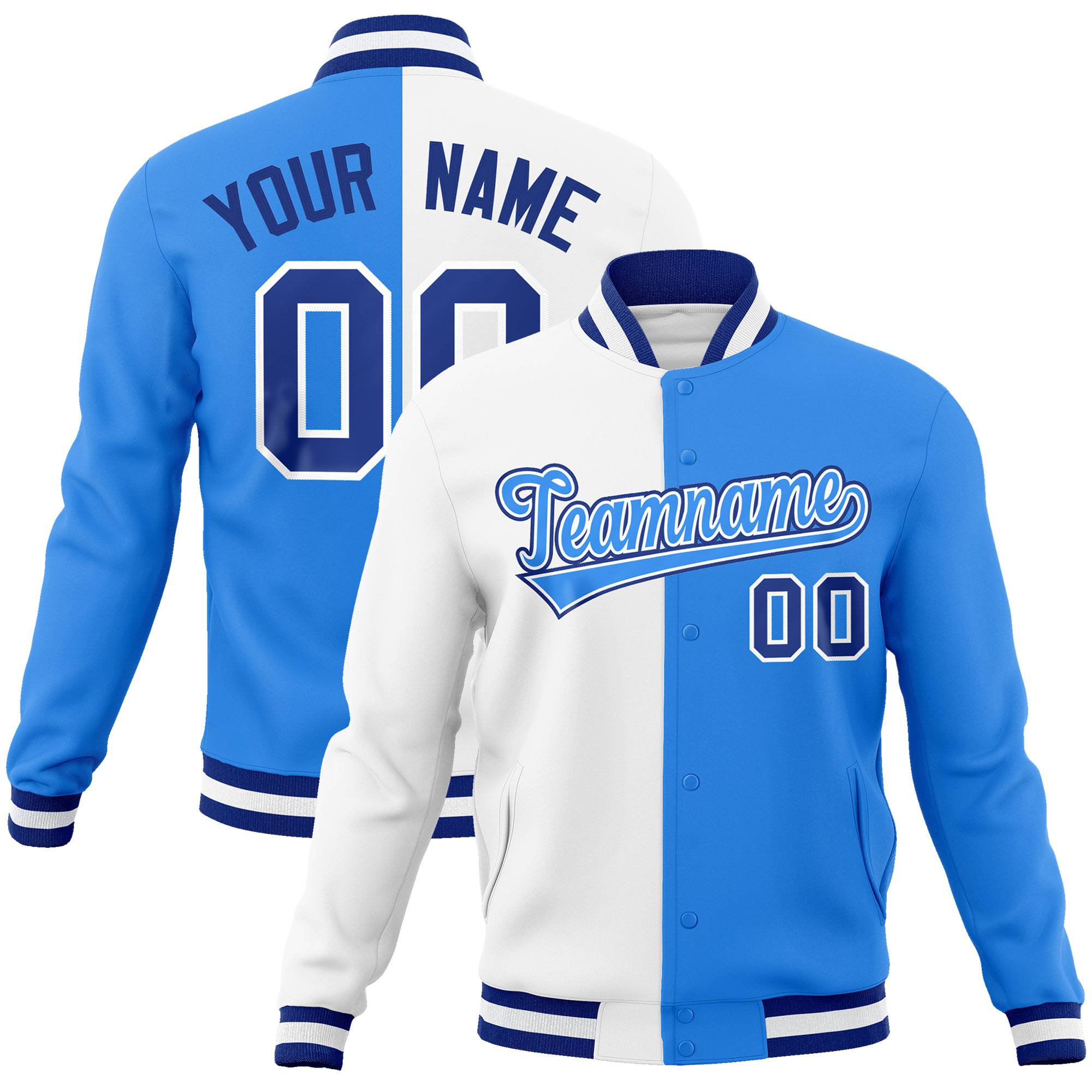 Custom White Sky-Blue Blue Bomber Full-Snap Varsity Letterman Split Fashion Jacket