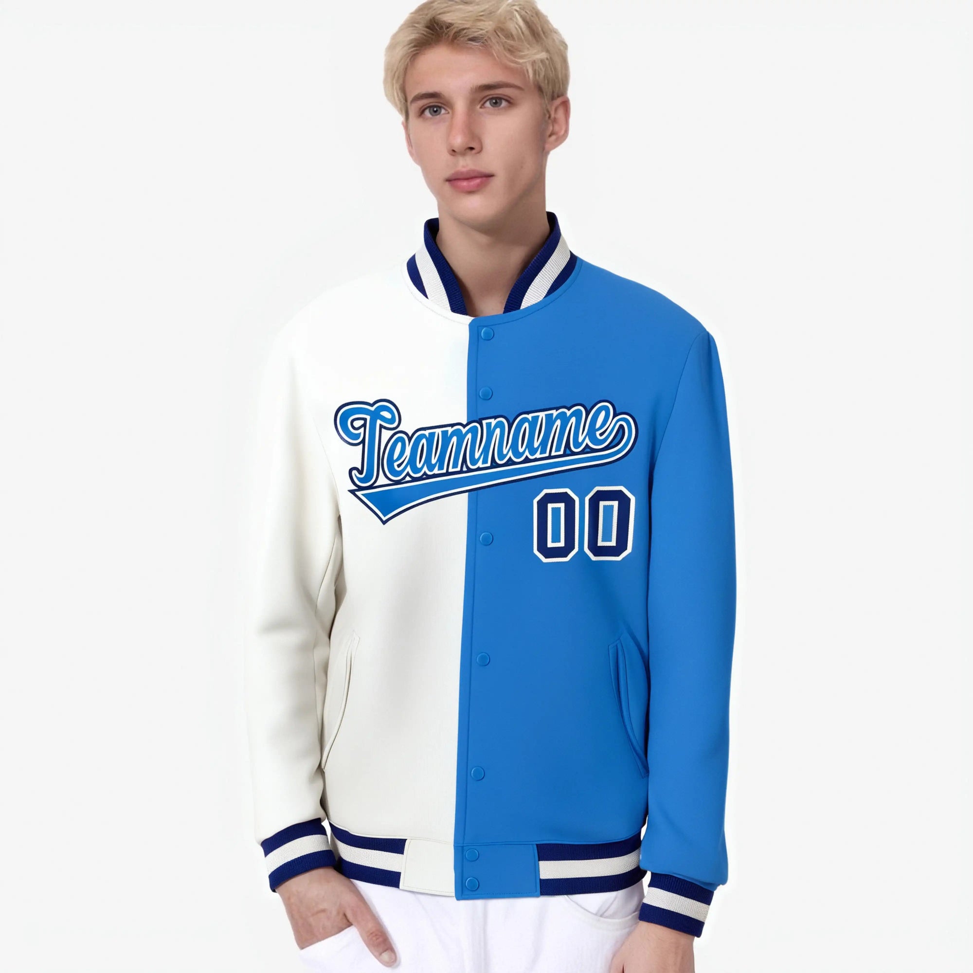 Custom White Sky-Blue Blue Bomber Full-Snap Varsity Letterman Split Fashion Jacket