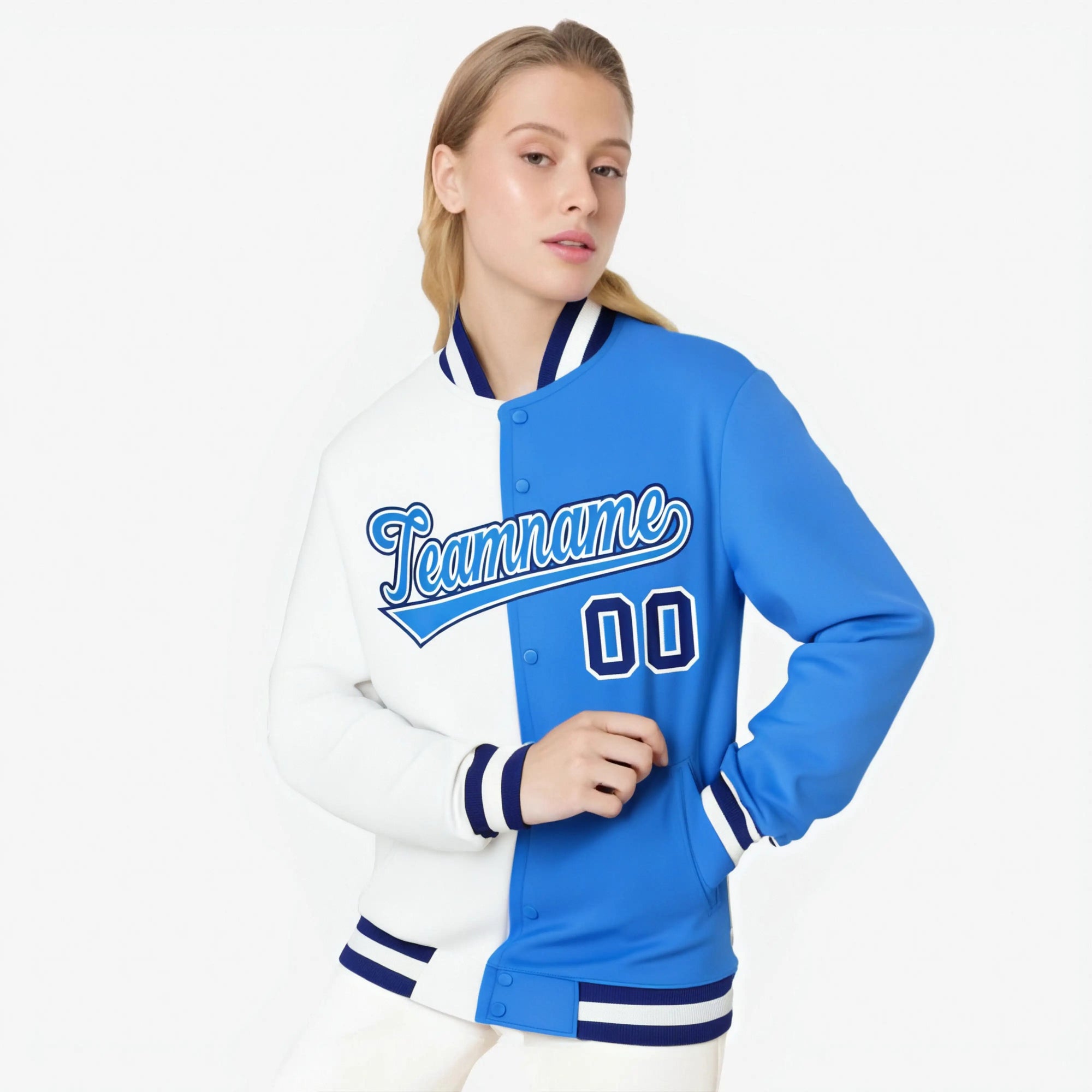 Custom White Sky-Blue Blue Bomber Full-Snap Varsity Letterman Split Fashion Jacket