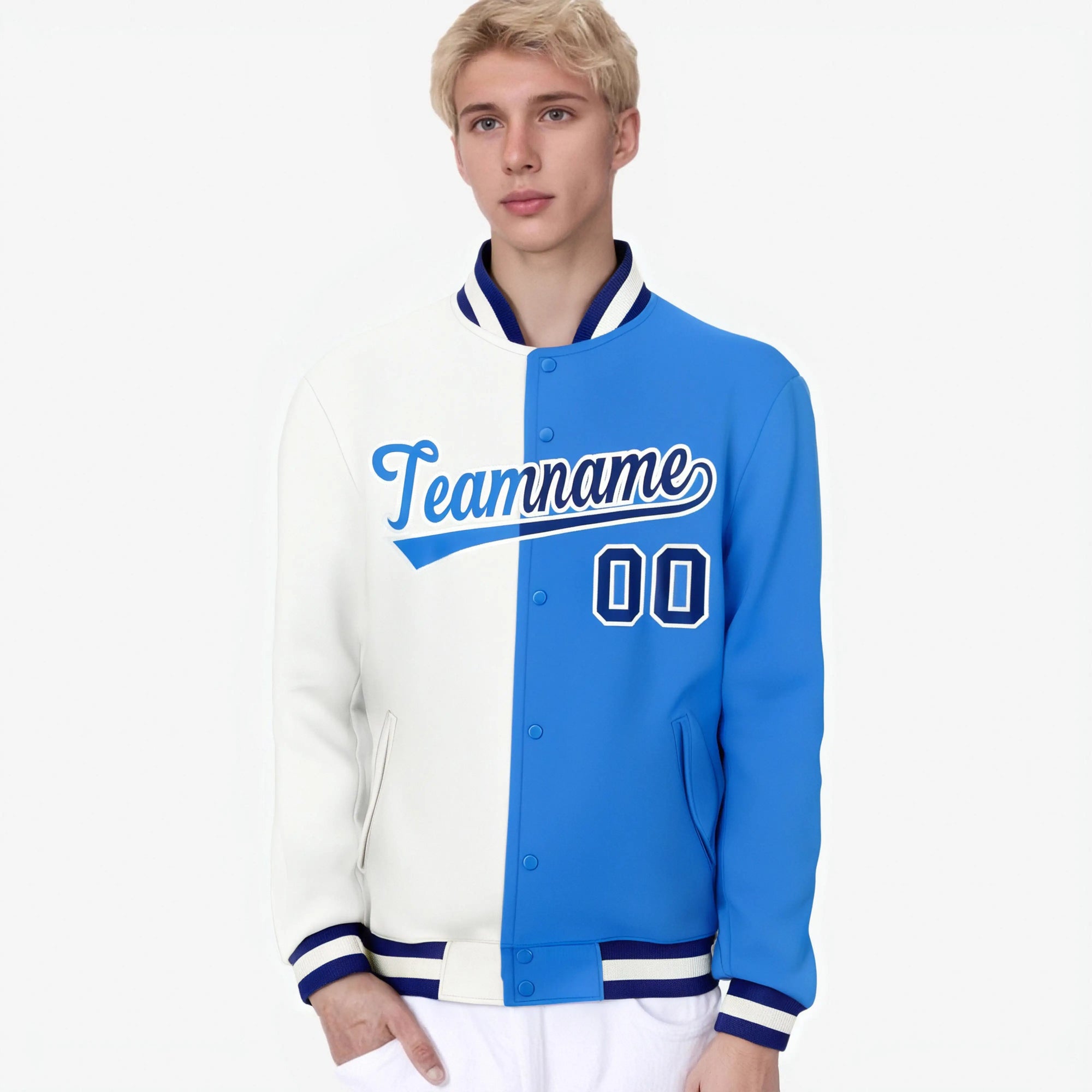 Custom White Sky-Blue Blue Bomber Full-Snap Varsity Letterman Split Fashion Jacket