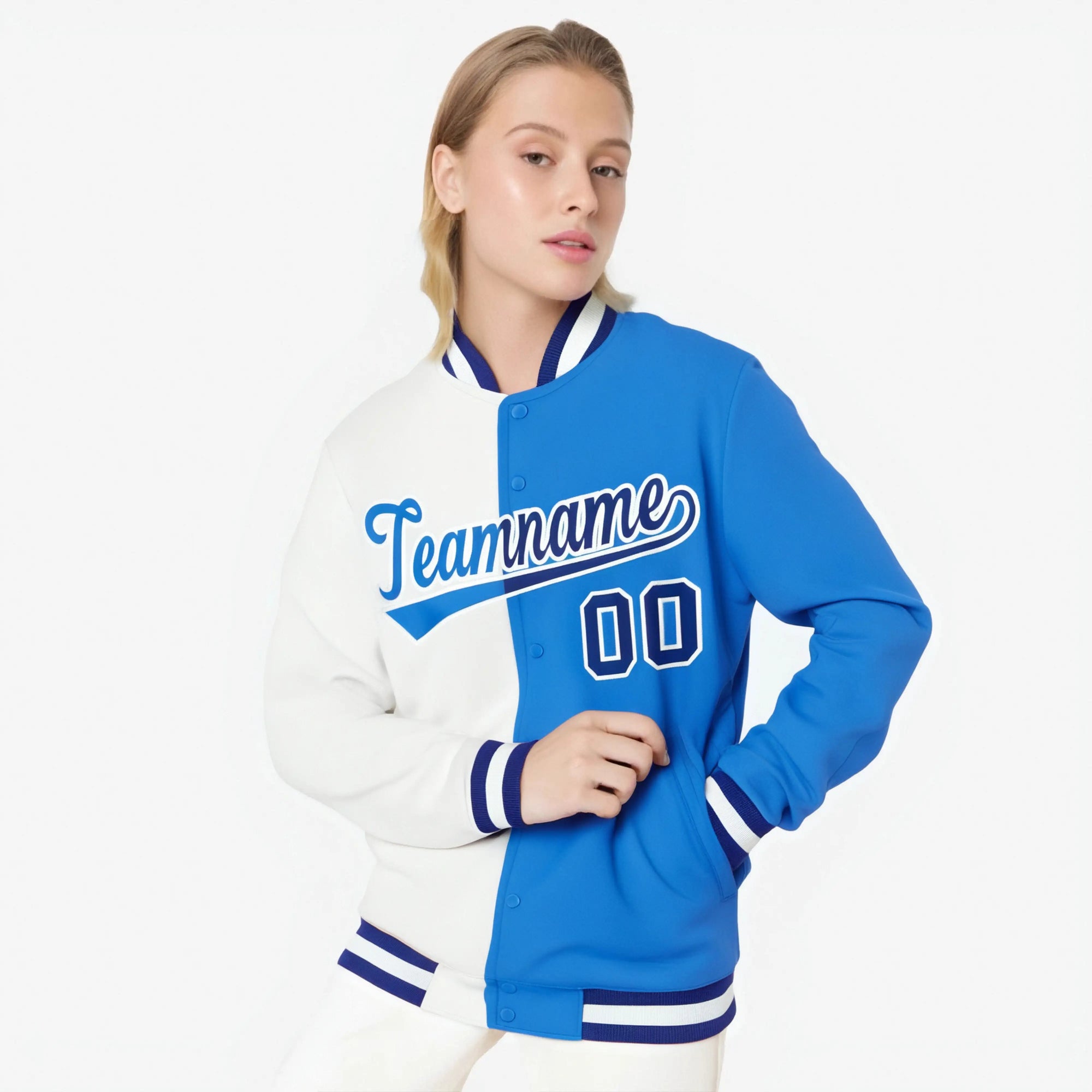 Custom White Sky-Blue Blue Bomber Full-Snap Varsity Letterman Split Fashion Jacket