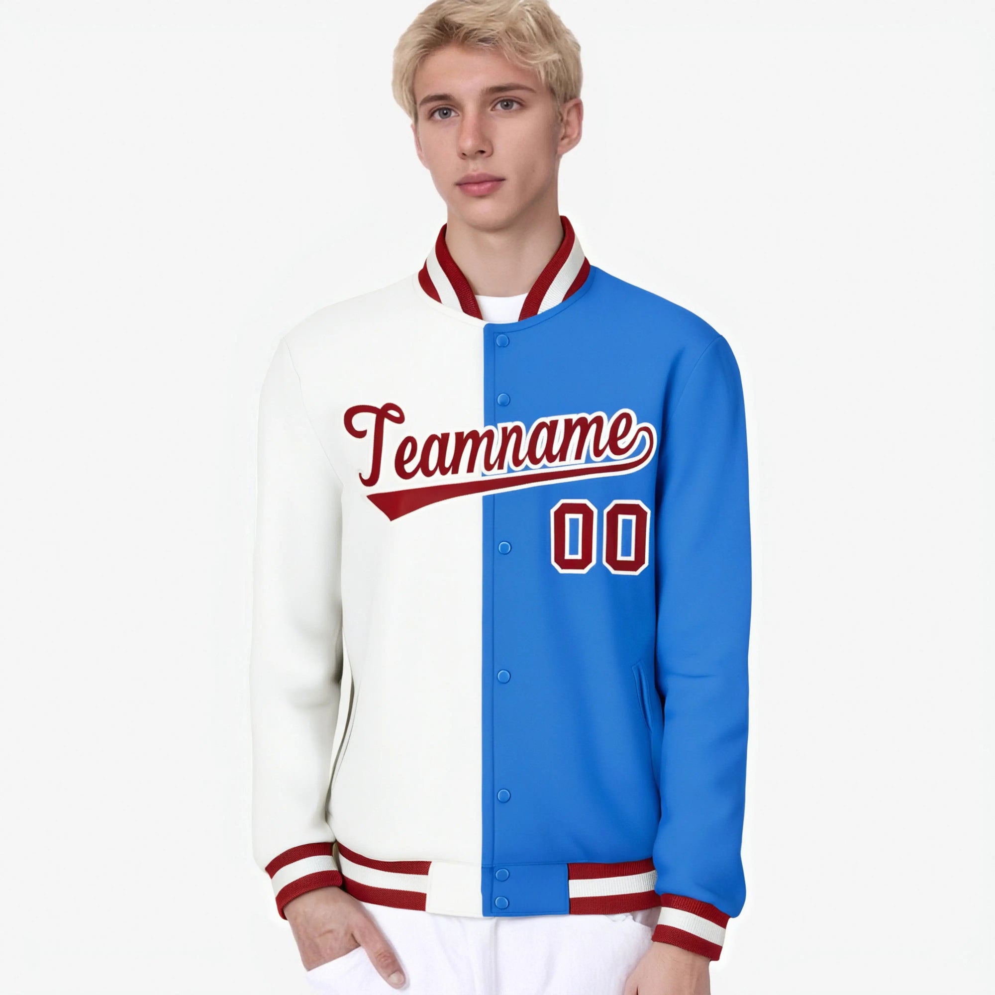 Custom White Sky-Blue Red Bomber Full-Snap Varsity Letterman Split Fashion Jacket