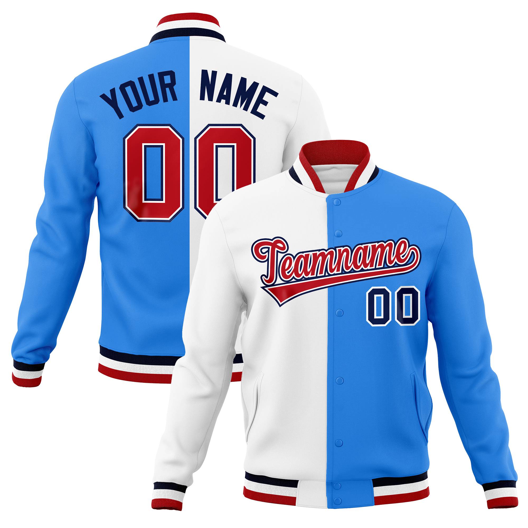 Custom White Sky-Blue Navy Bomber Full-Snap Varsity Letterman Split Fashion Jacket