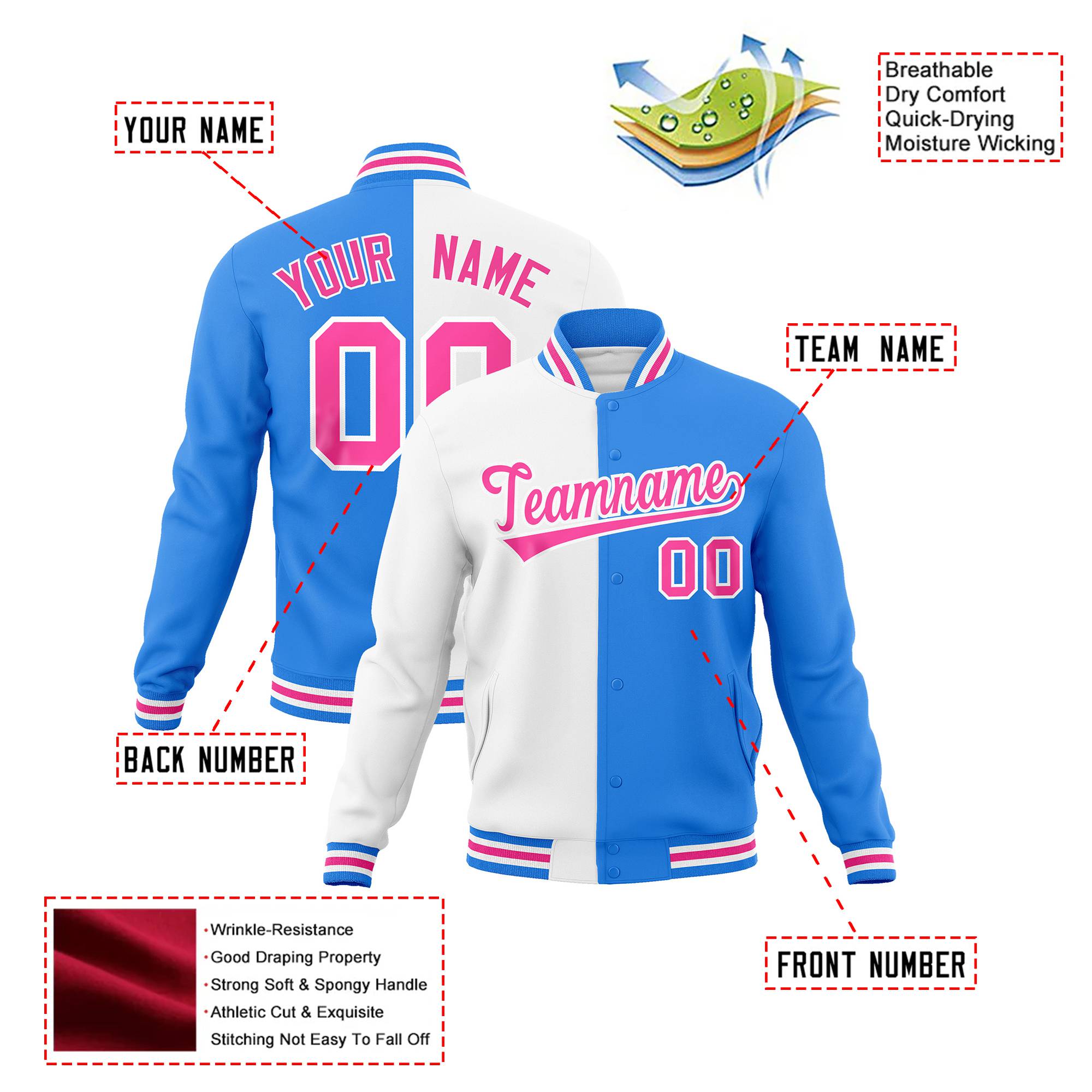 Custom White Sky-Blue Pink Bomber Full-Snap Varsity Letterman Split Fashion Jacket