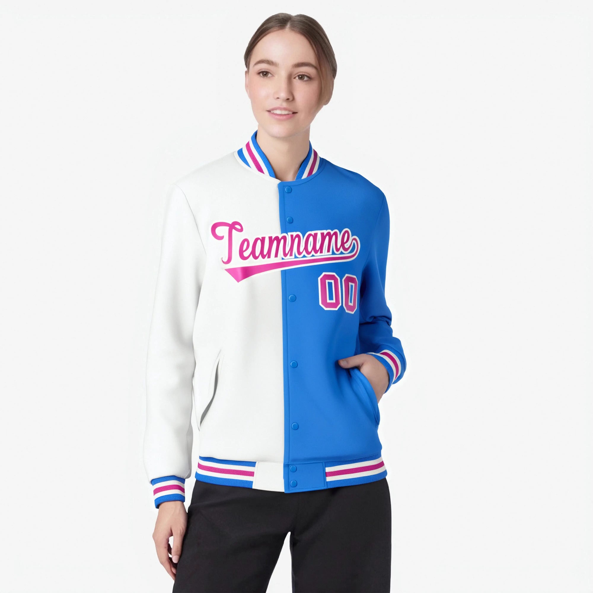 Custom White Sky-Blue Pink Bomber Full-Snap Varsity Letterman Split Fashion Jacket