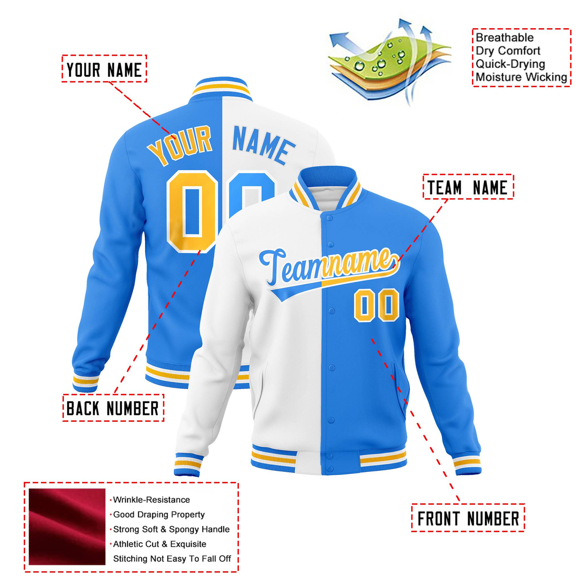 Custom White Sky-Blue Gold Bomber Full-Snap Varsity Letterman Split Fashion Jacket