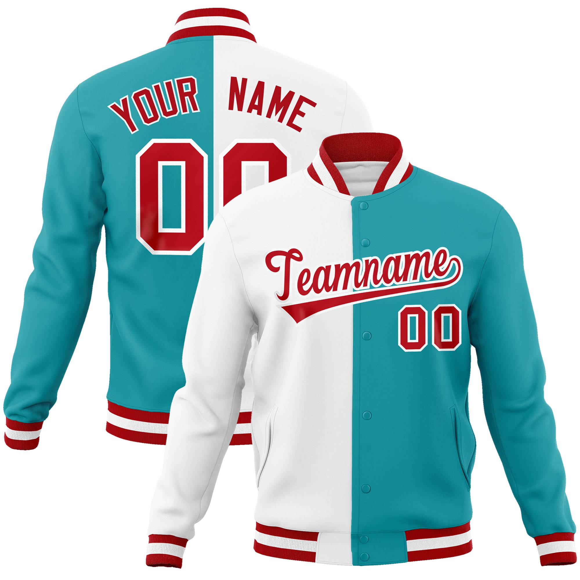 Custom White Aqua Red Bomber Full-Snap Varsity Letterman Split Fashion Jacket