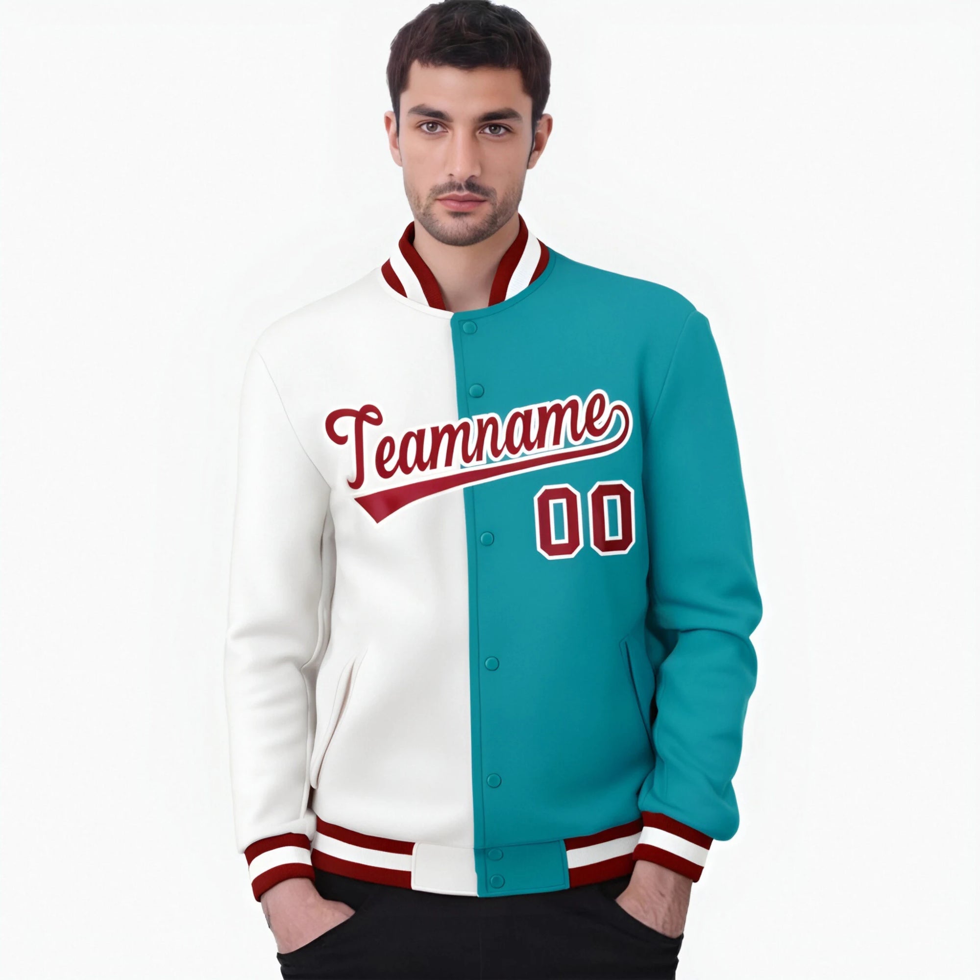 Custom White Aqua Red Bomber Full-Snap Varsity Letterman Split Fashion Jacket