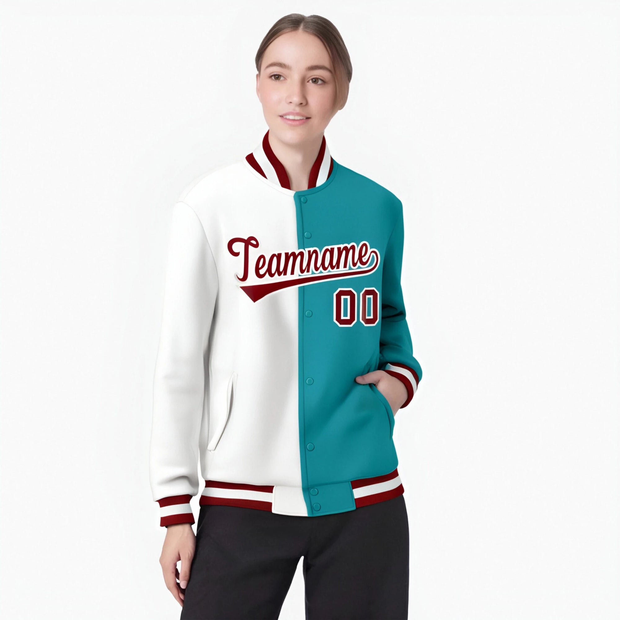 Custom White Aqua Red Bomber Full-Snap Varsity Letterman Split Fashion Jacket