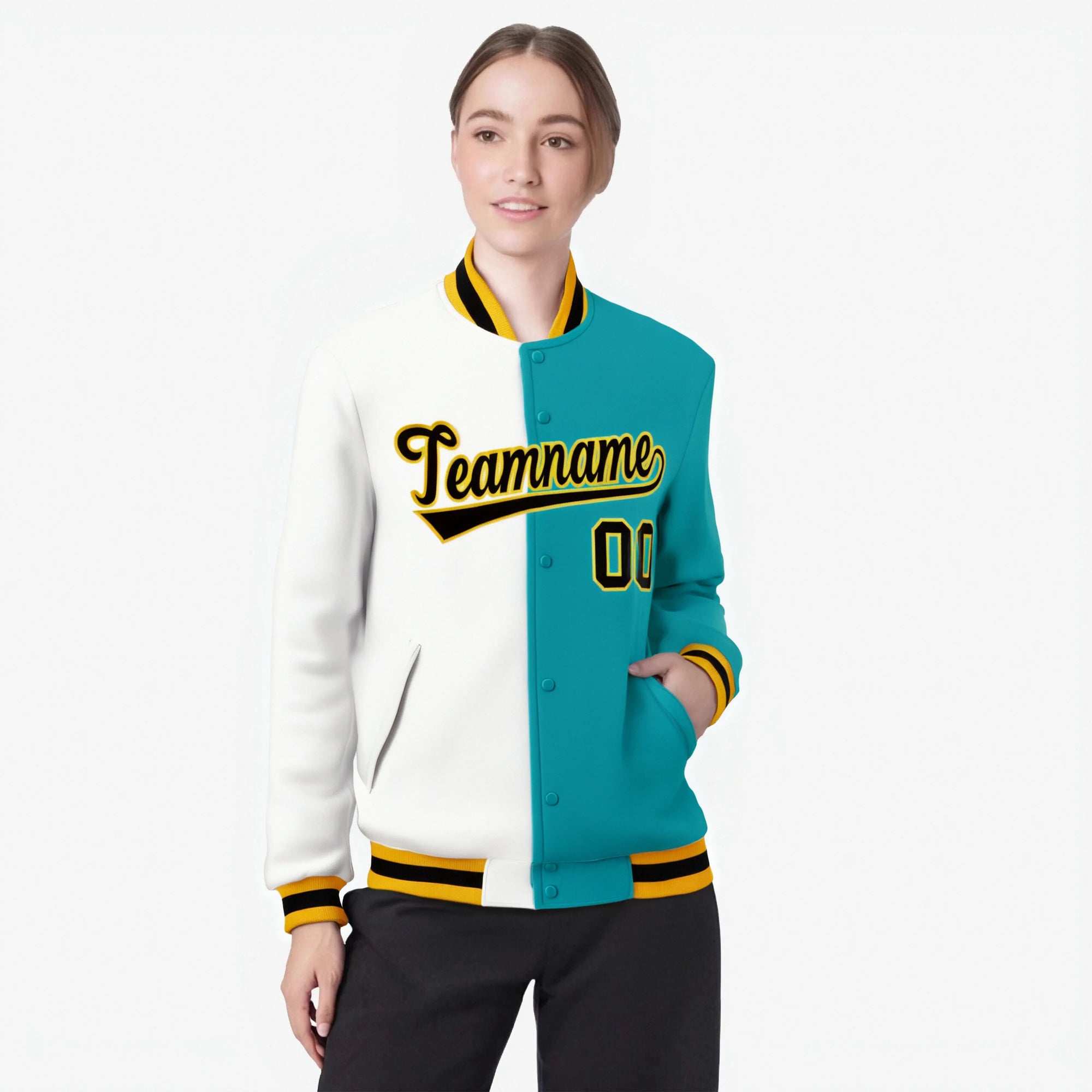 Custom White Aqua Black-Gold Bomber Full-Snap Varsity Letterman Split Fashion Jacket