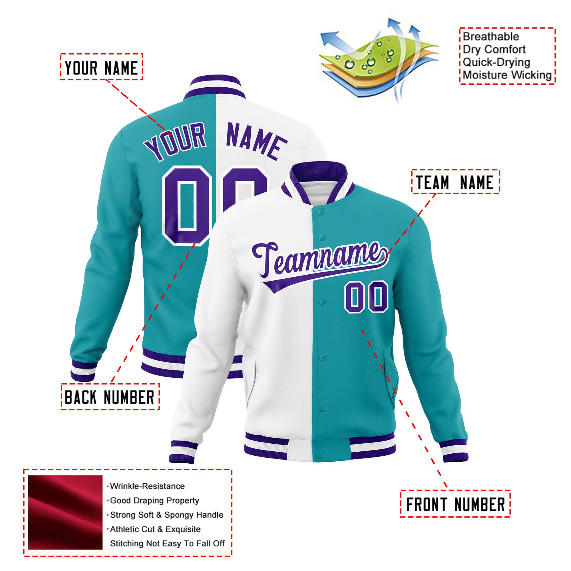 Custom White Aqua Purple Bomber Full-Snap Varsity Letterman Split Fashion Jacket