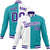 Custom White Aqua Purple Bomber Full-Snap Varsity Letterman Split Fashion Jacket