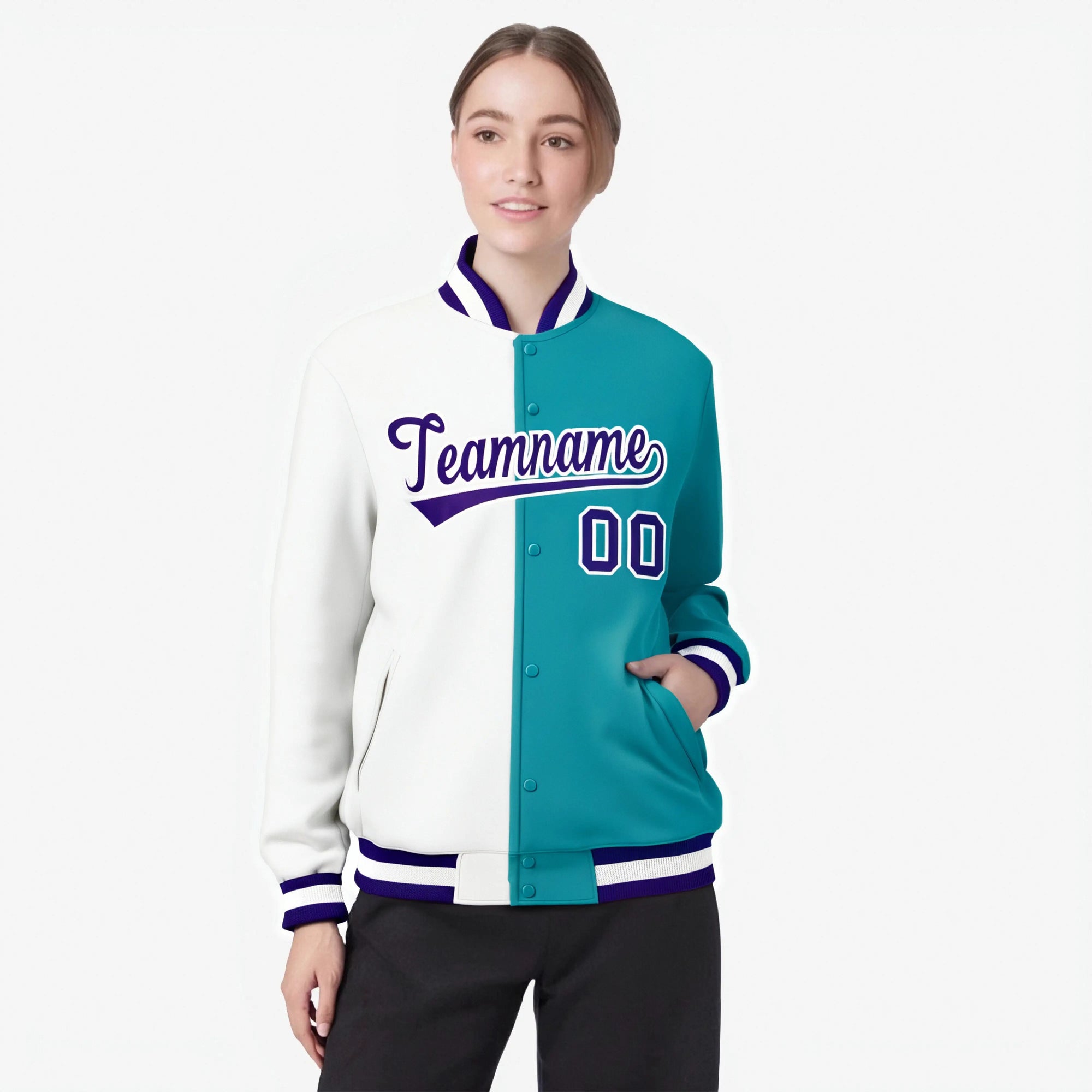 Custom White Aqua Purple Bomber Full-Snap Varsity Letterman Split Fashion Jacket