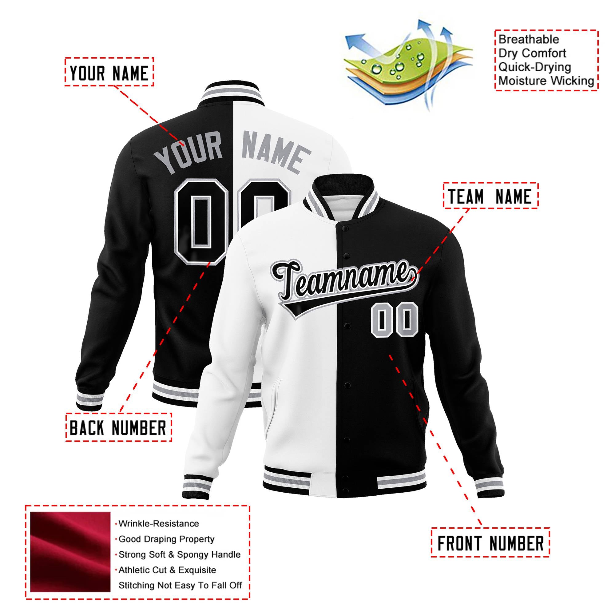 Custom White Black Gray Bomber Full-Snap Varsity Letterman Split Fashion Jacket