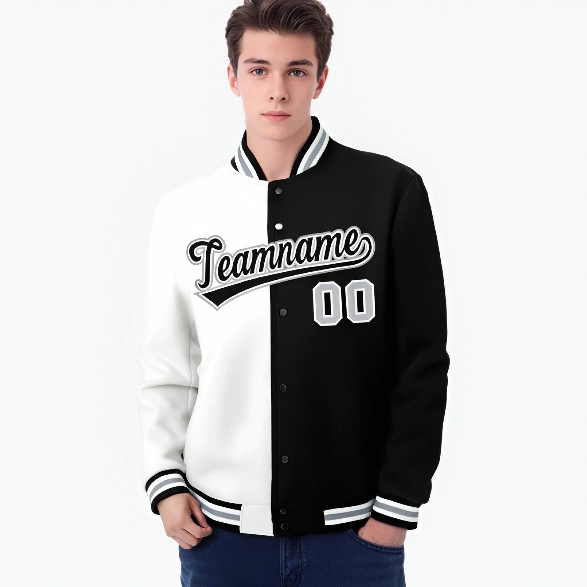 Custom White Black Gray Bomber Full-Snap Varsity Letterman Split Fashion Jacket