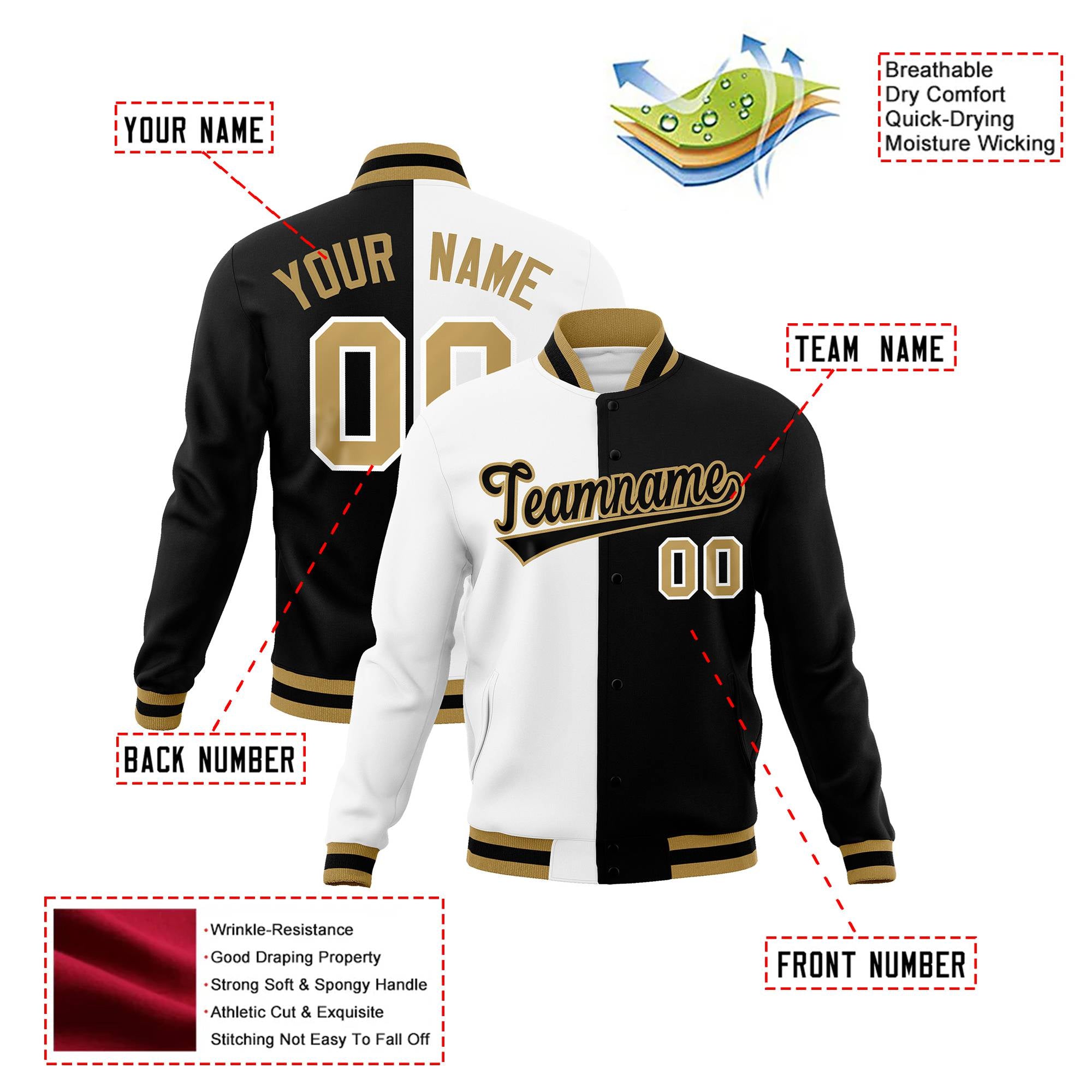 Custom White Black Old-Gold Bomber Full-Snap Varsity Letterman Split Fashion Jacket