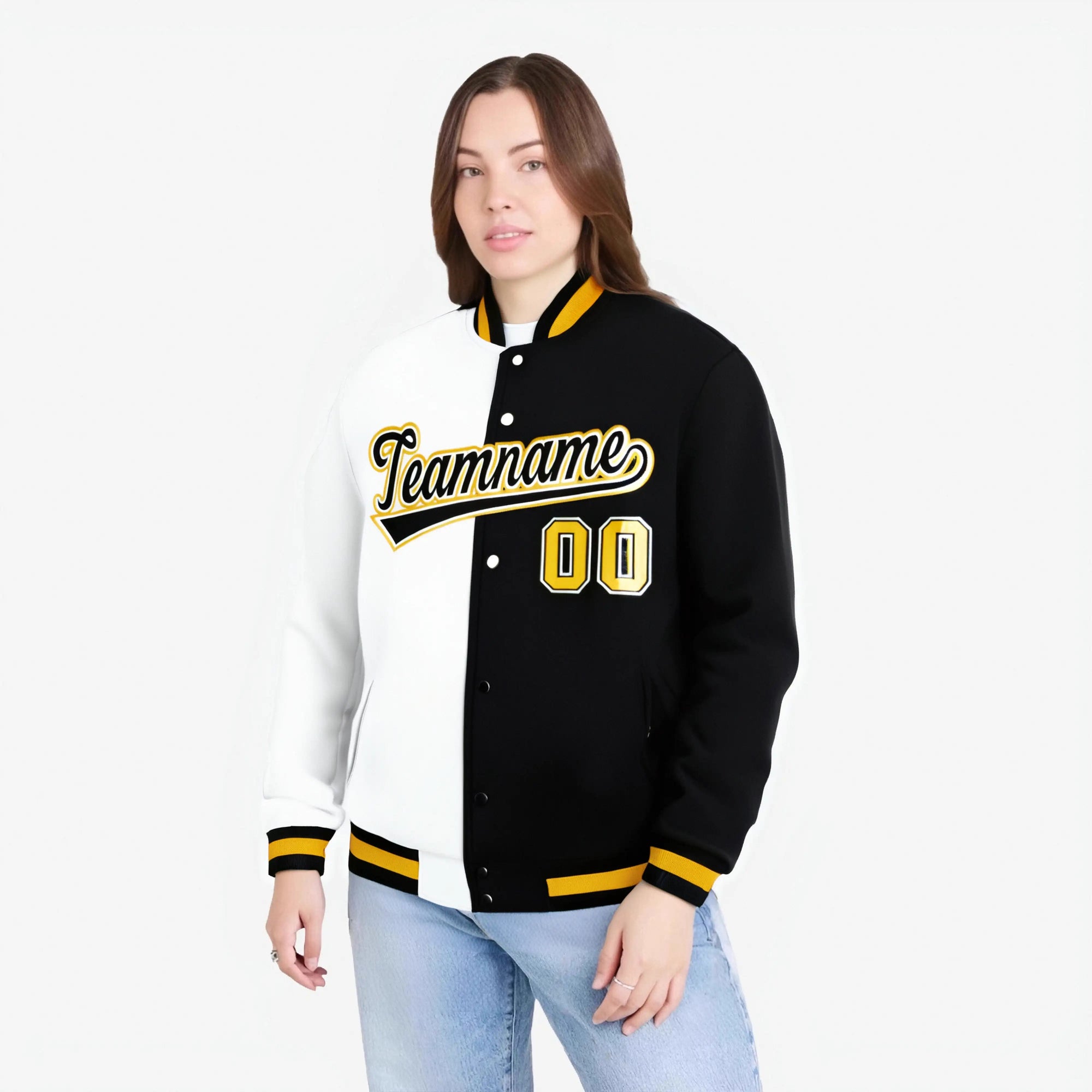 Custom White Black Gold Bomber Full-Snap Varsity Letterman Split Fashion Jacket