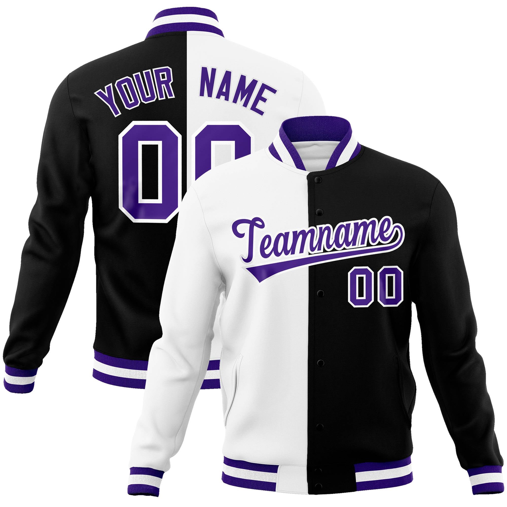 Custom White Black Purple Bomber Full-Snap Varsity Letterman Split Fashion Jacket