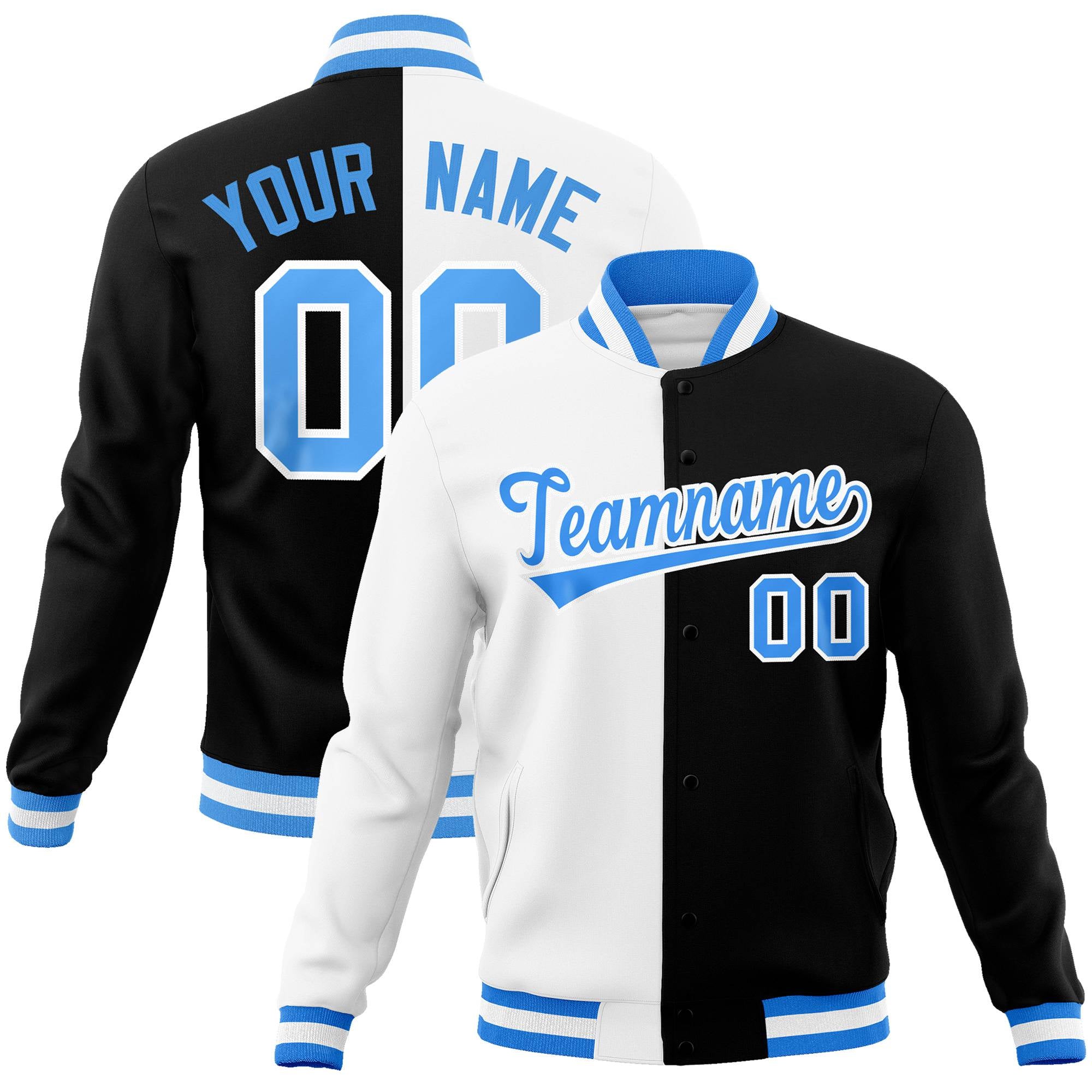 Custom White Black Light-Blue Bomber Full-Snap Varsity Letterman Split Fashion Jacket