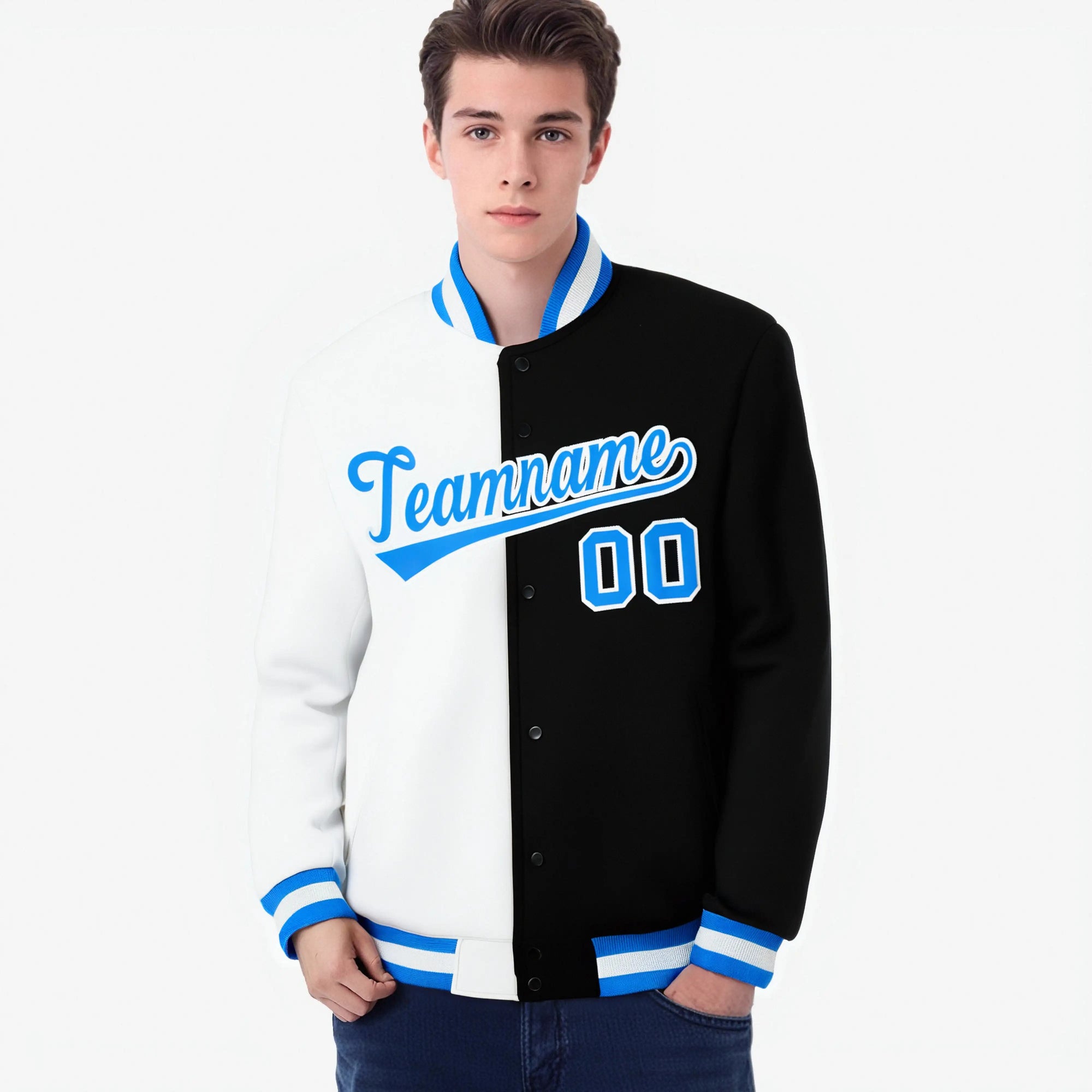 Custom White Black Light-Blue Bomber Full-Snap Varsity Letterman Split Fashion Jacket