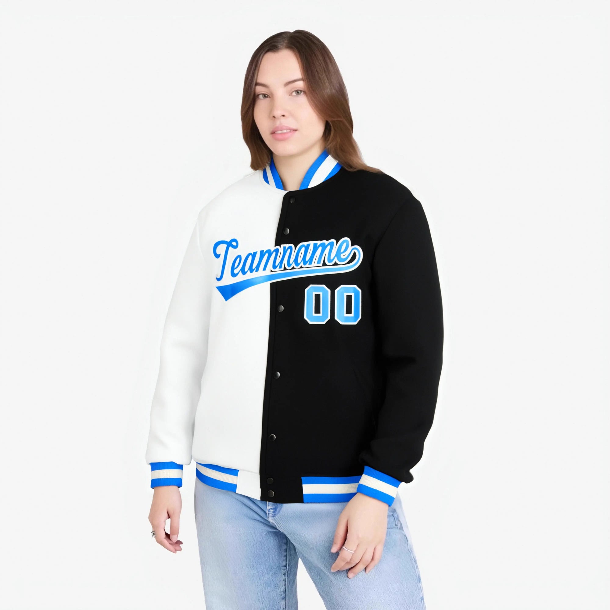 Custom White Black Light-Blue Bomber Full-Snap Varsity Letterman Split Fashion Jacket