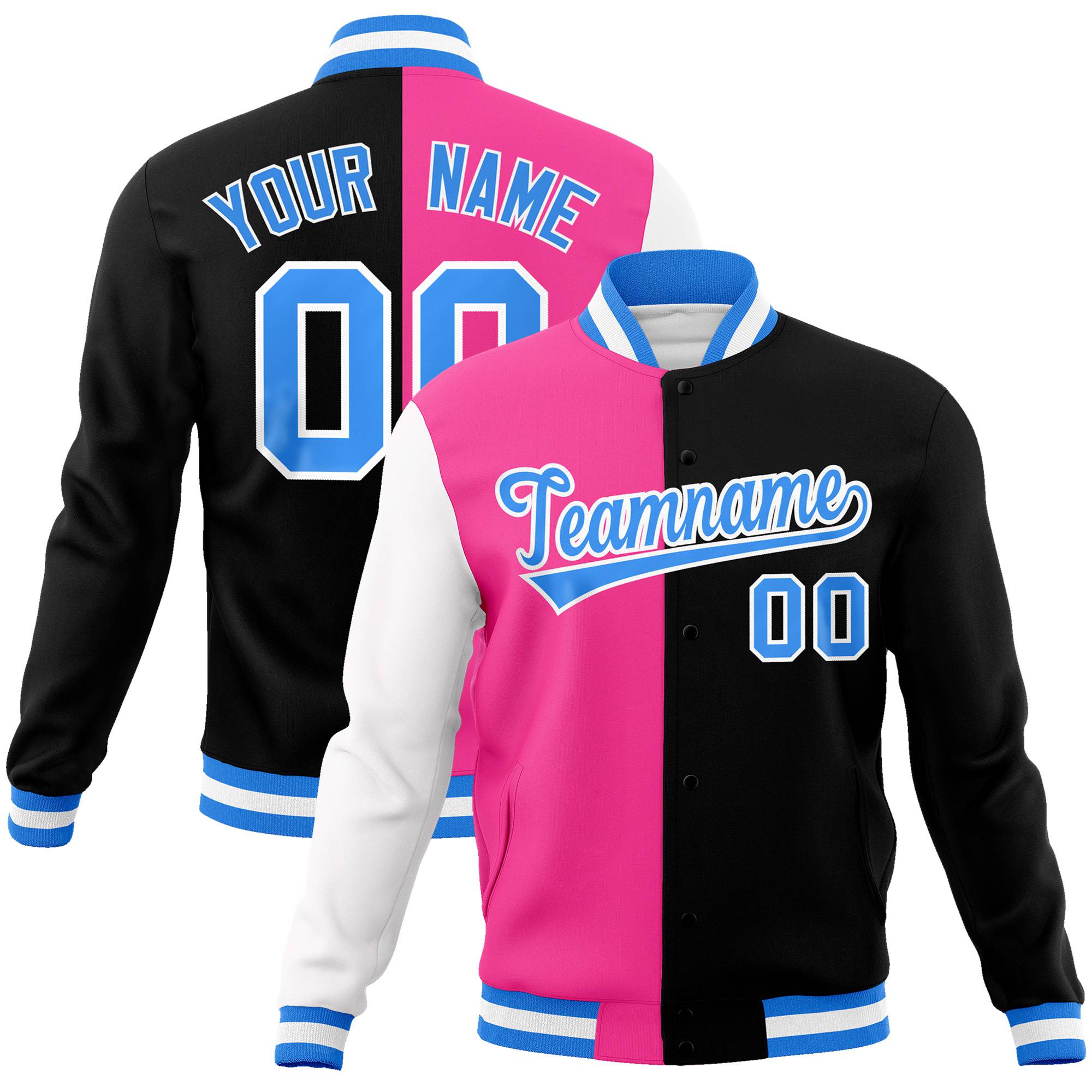 Custom Pink Black Light-Blue Bomber Full-Snap Varsity Letterman Split Fashion Jacket