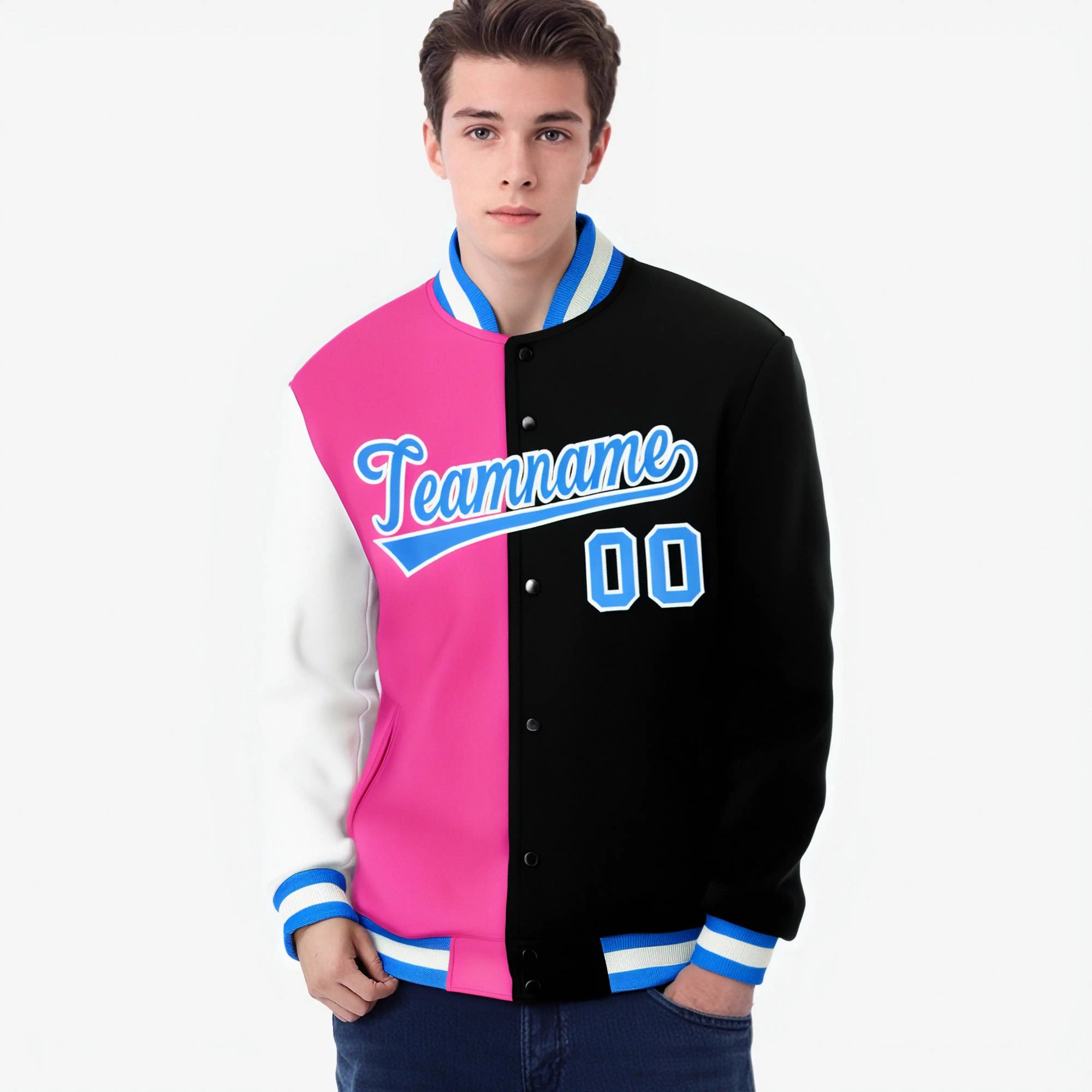 Custom Pink Black Light-Blue Bomber Full-Snap Varsity Letterman Split Fashion Jacket