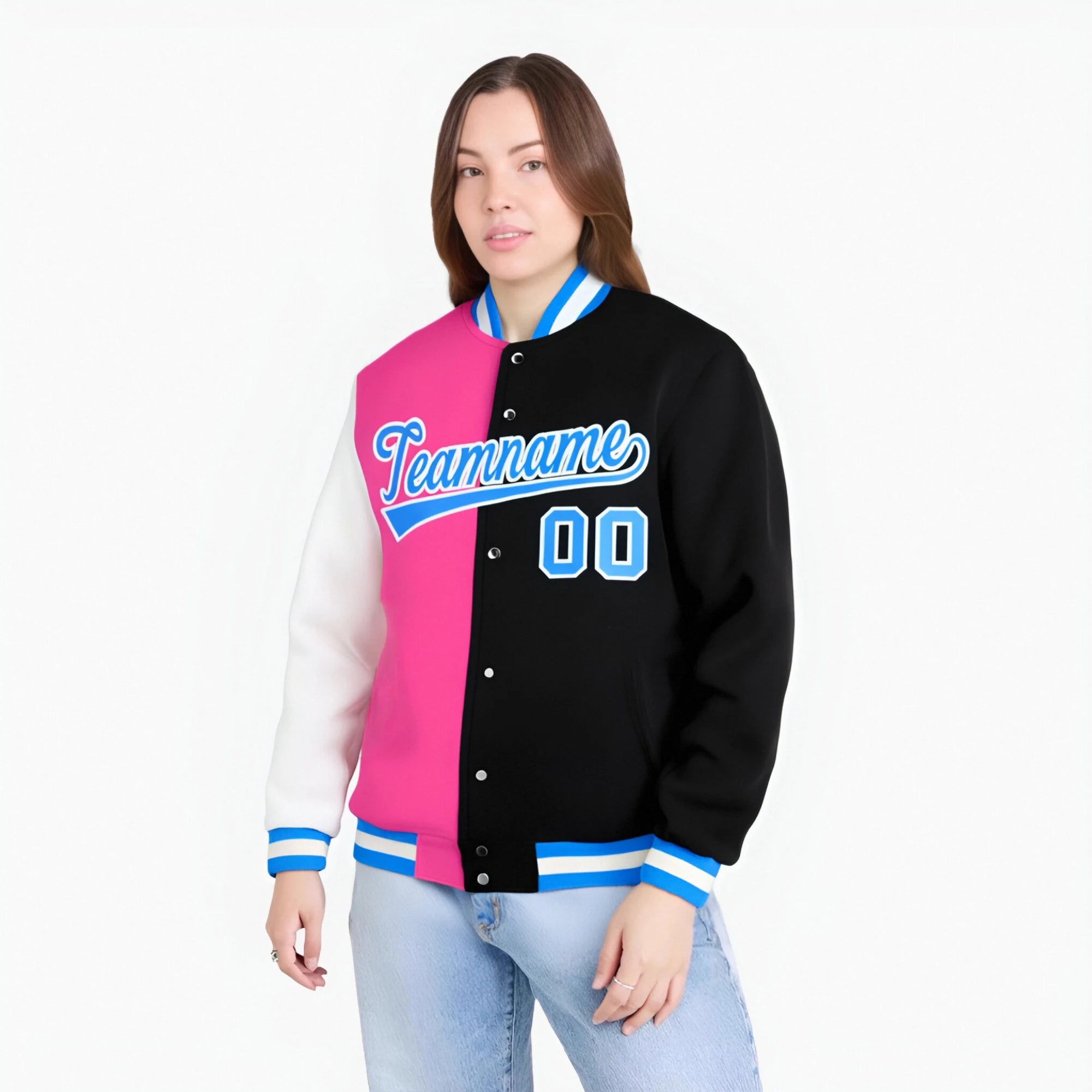 Custom Pink Black Light-Blue Bomber Full-Snap Varsity Letterman Split Fashion Jacket