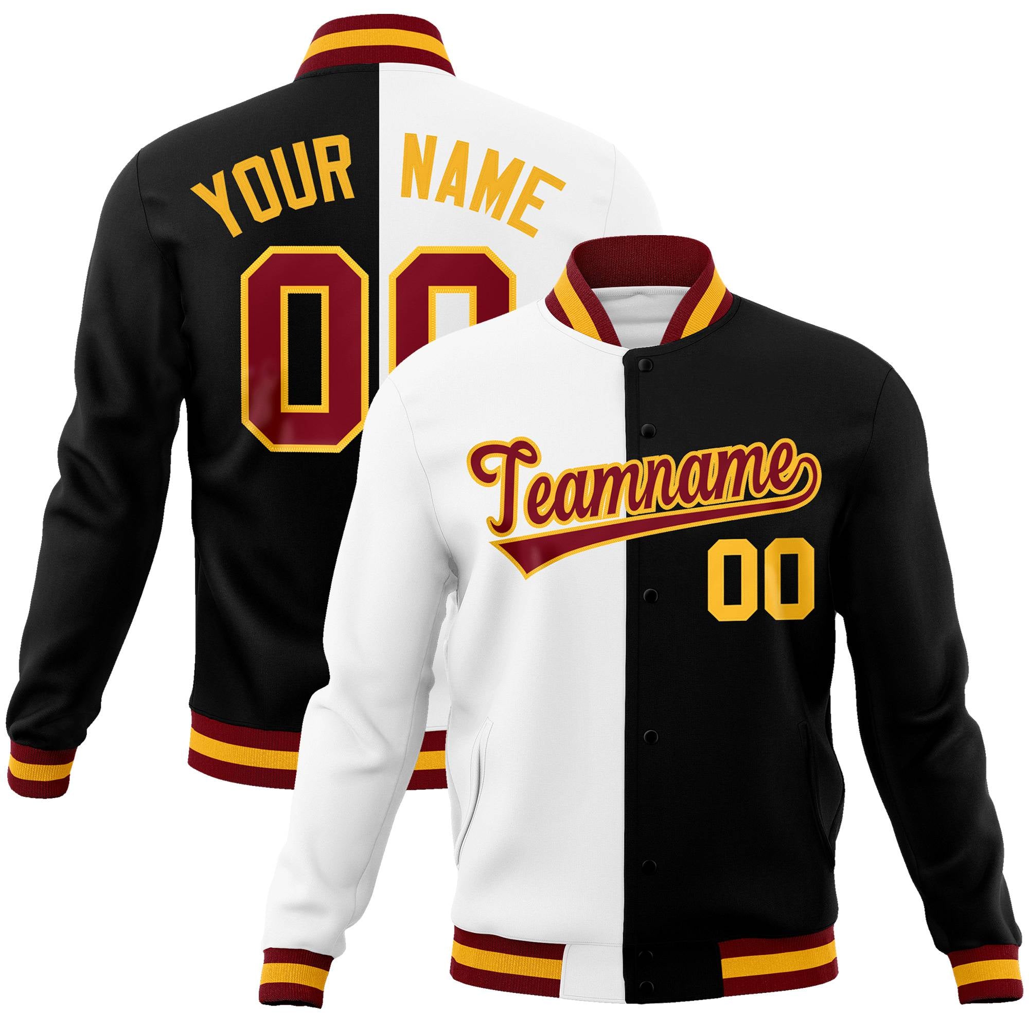 Custom White Black Burgundy-Gold Bomber Full-Snap Varsity Letterman Split Fashion Jacket