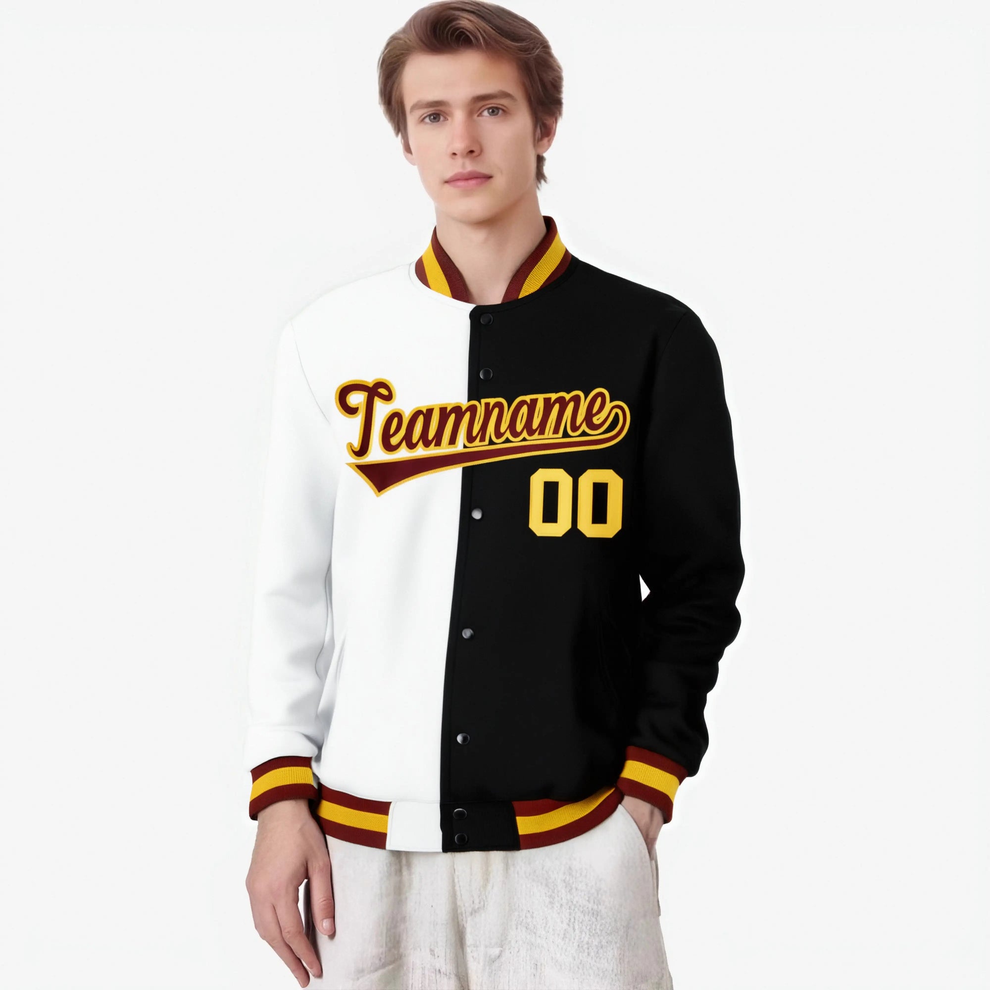 Custom White Black Burgundy-Gold Bomber Full-Snap Varsity Letterman Split Fashion Jacket