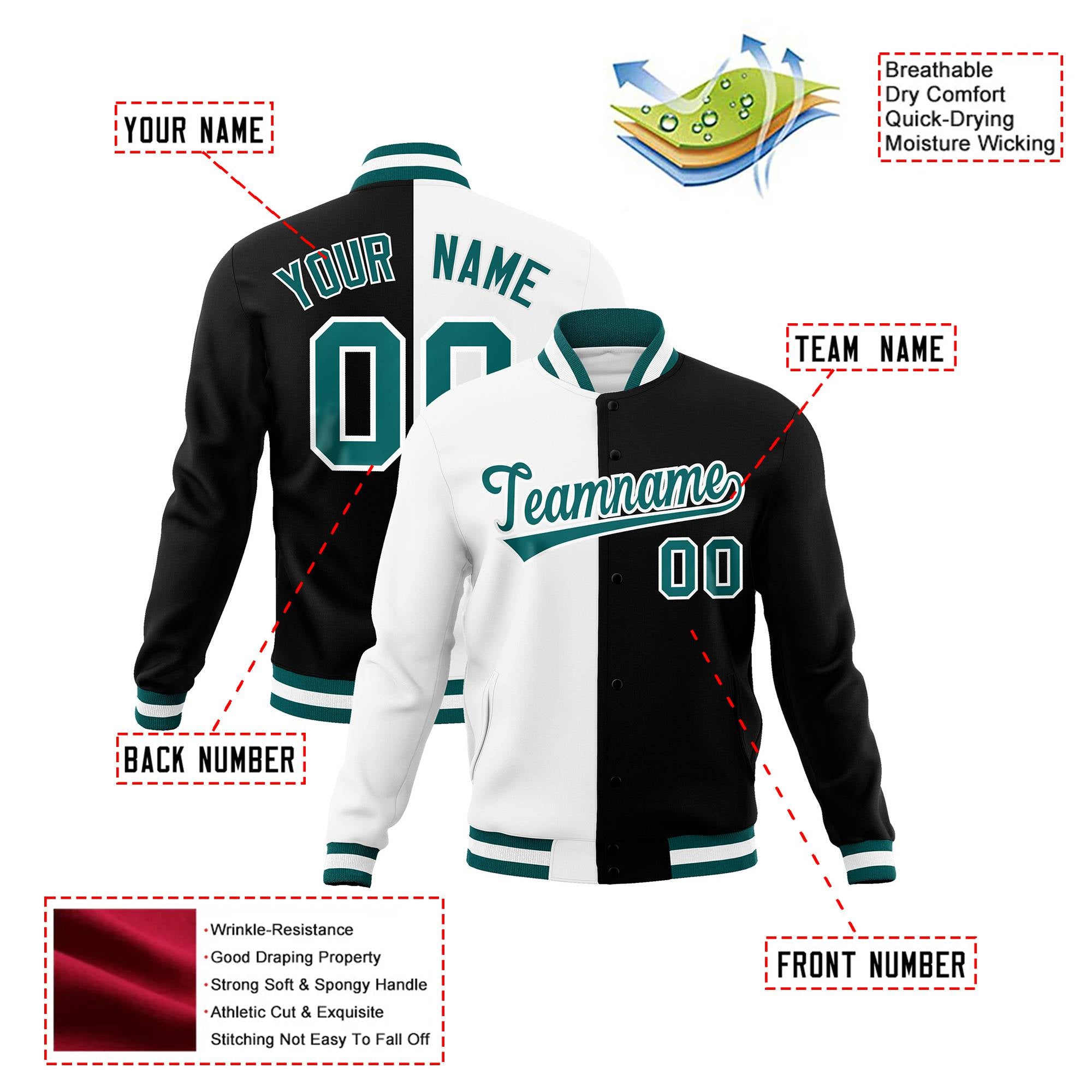 Custom White Black Aqua Bomber Full-Snap Varsity Letterman Split Fashion Jacket