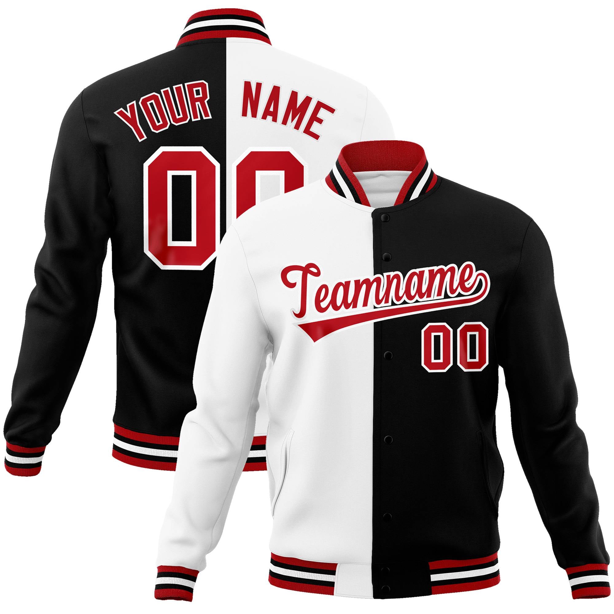 Custom White Black Red Bomber Full-Snap Varsity Letterman Split Fashion Jacket