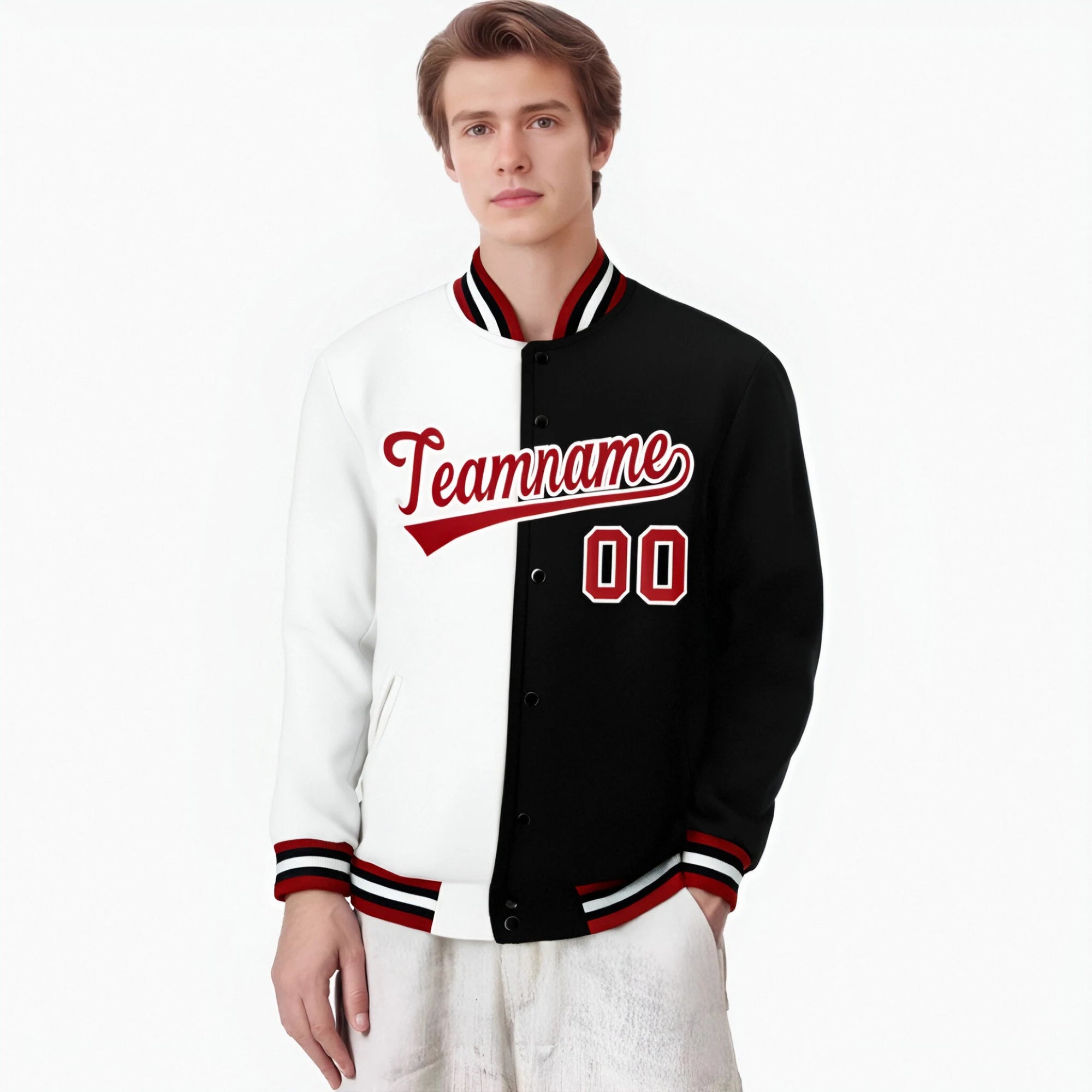 Custom White Black Red Bomber Full-Snap Varsity Letterman Split Fashion Jacket