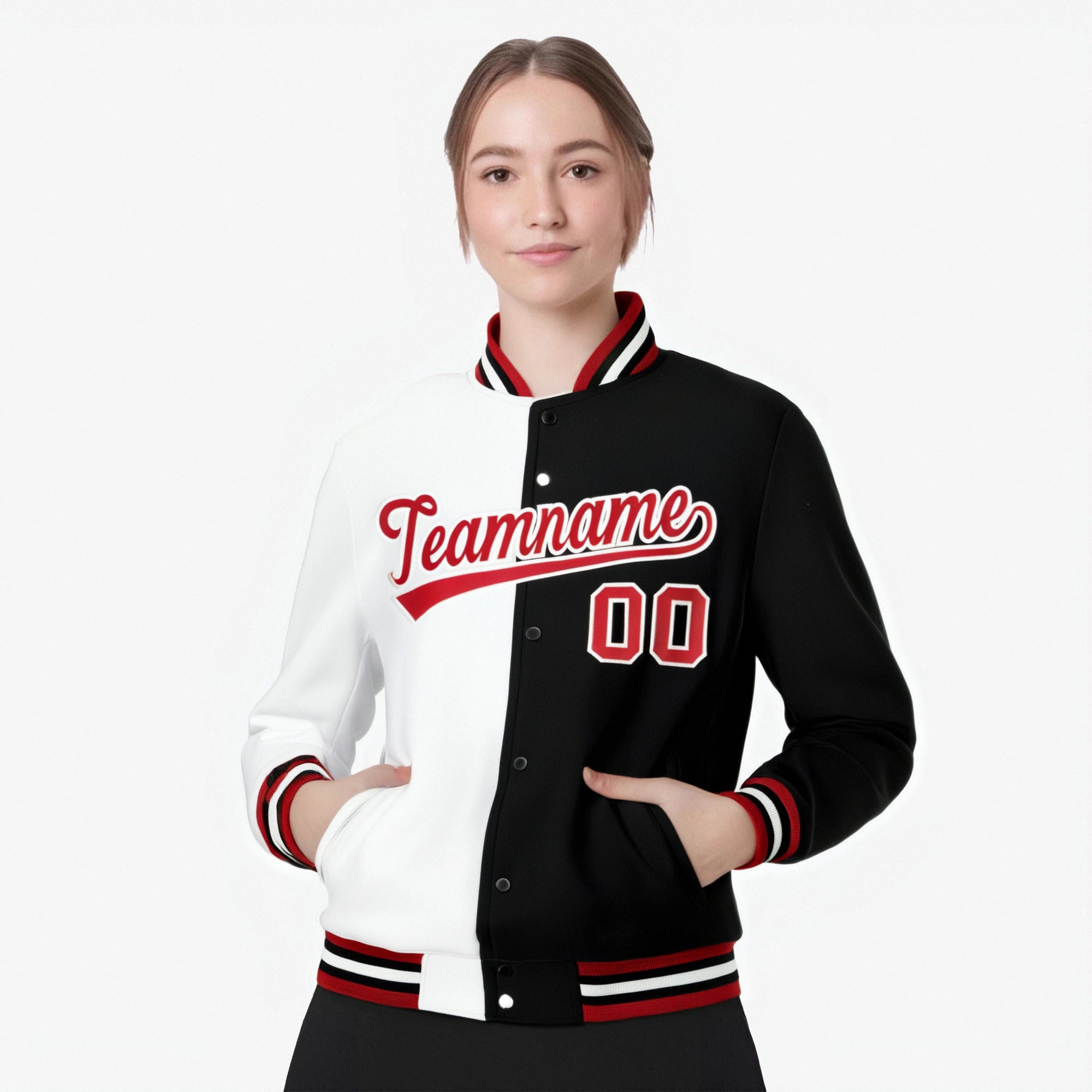 Custom White Black Red Bomber Full-Snap Varsity Letterman Split Fashion Jacket