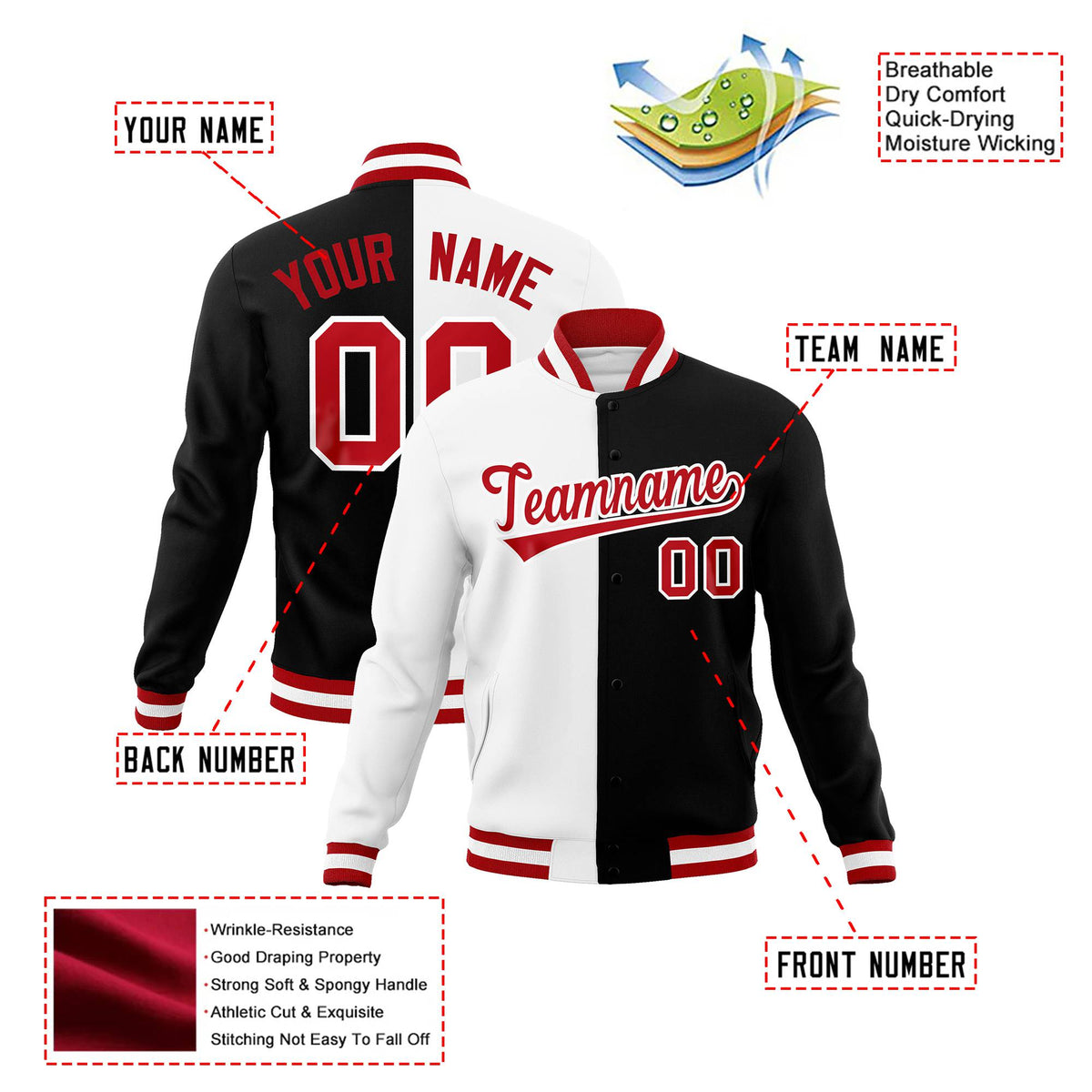 Custom White Black Red Bomber Full-Snap Varsity Letterman Split Fashion Jacket