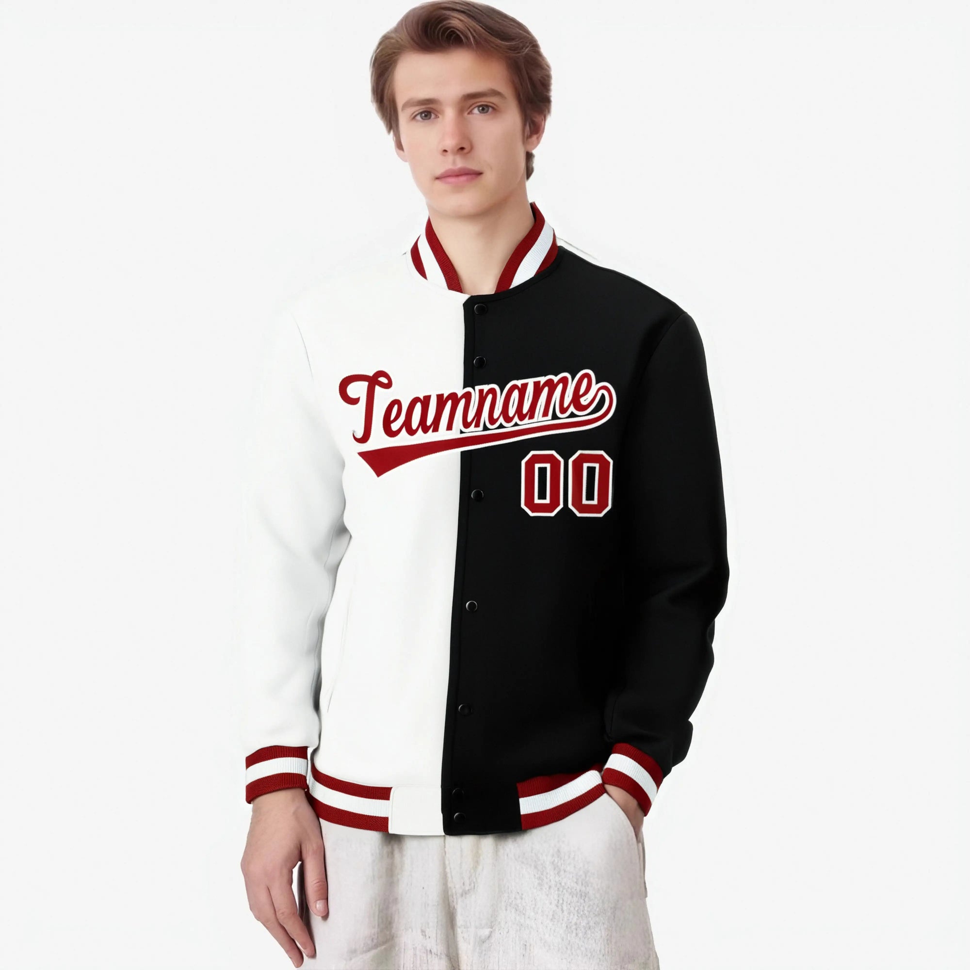 Custom White Black Red Bomber Full-Snap Varsity Letterman Split Fashion Jacket