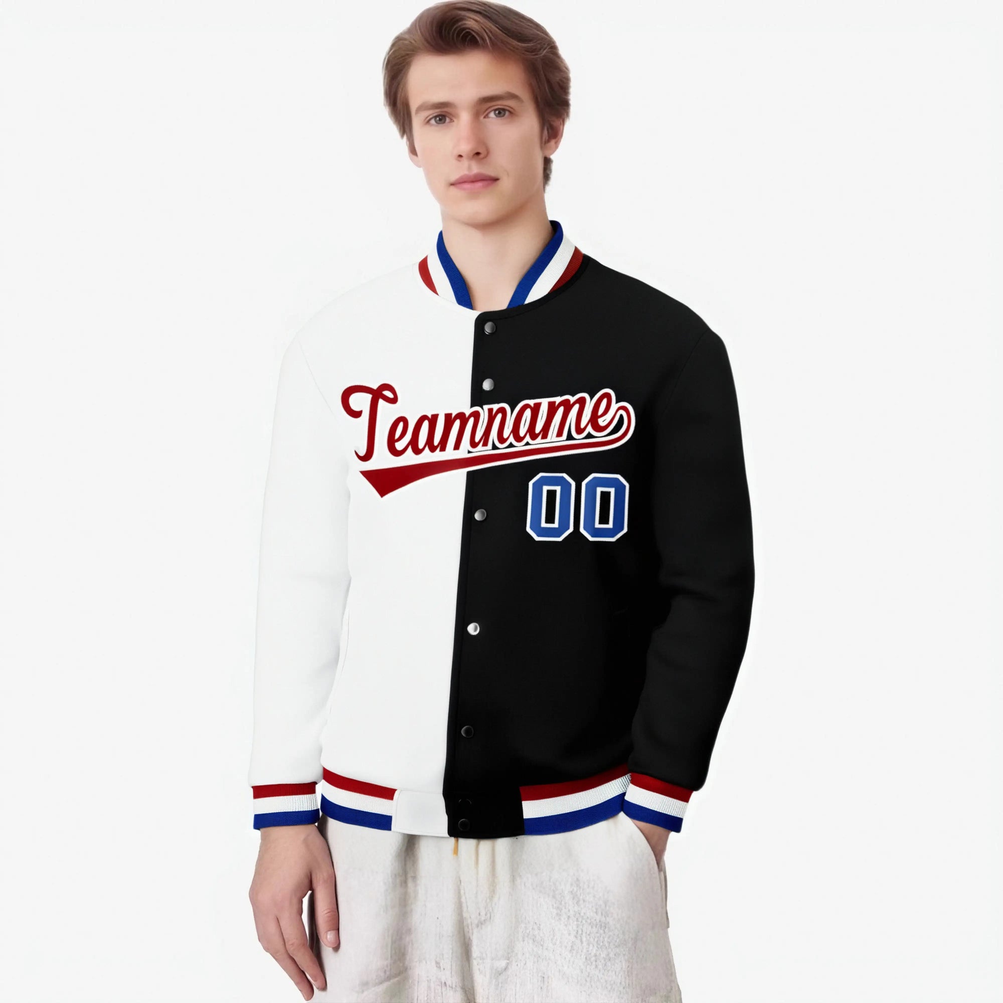 Custom White Black Red Bomber Full-Snap Varsity Letterman Split Fashion Jacket