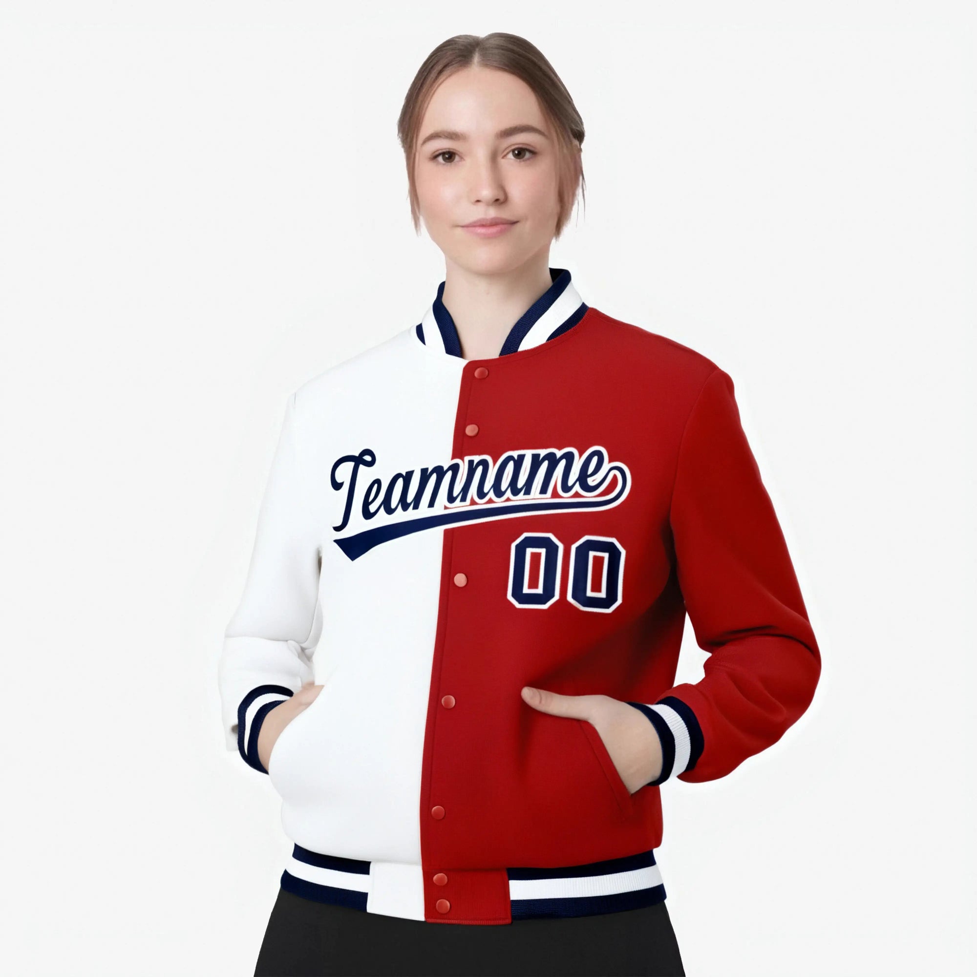 Custom White Red Purple Bomber Full-Snap Varsity Letterman Split Fashion Jacket