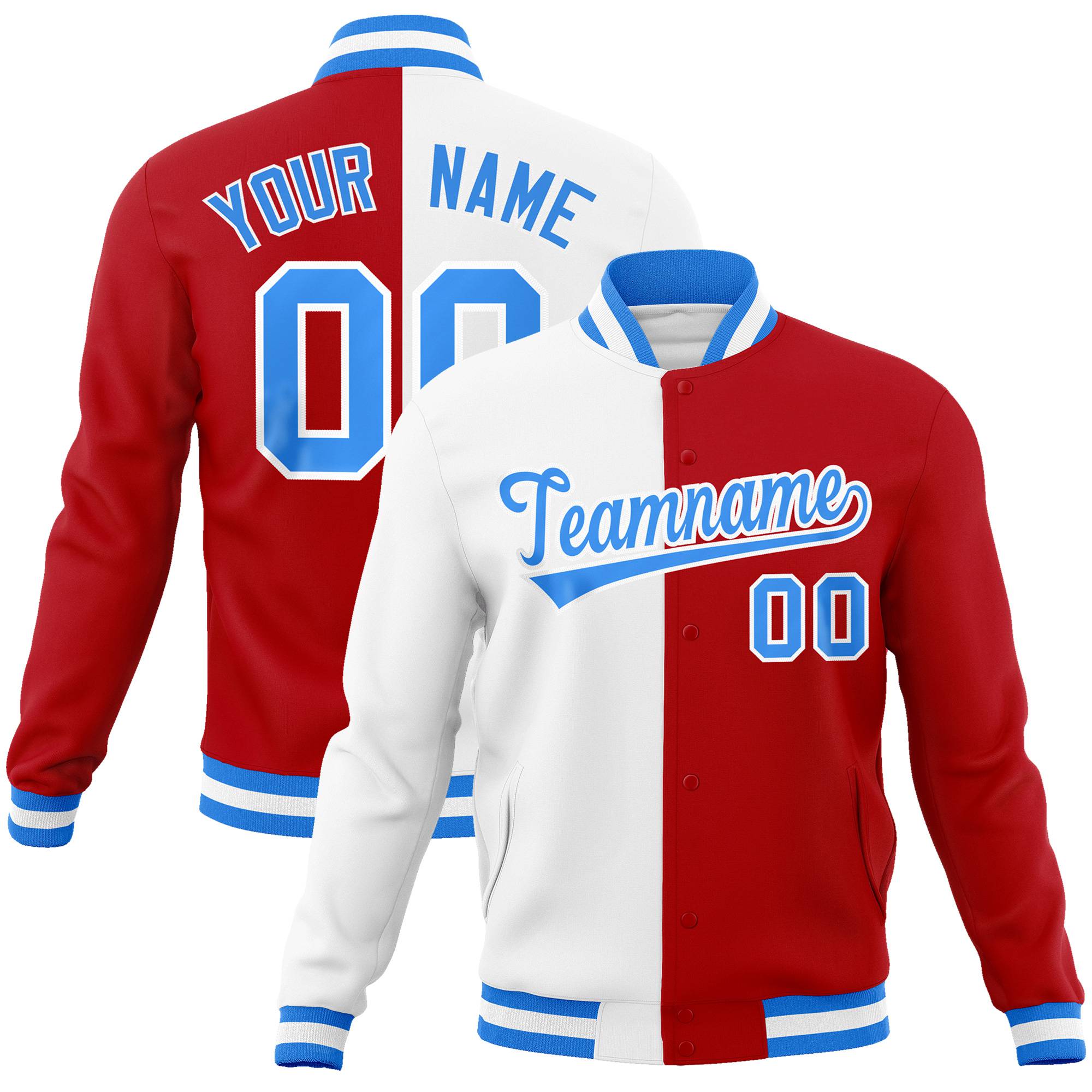 Custom White Red Light-Blue Bomber Full-Snap Varsity Letterman Split Fashion Jacket