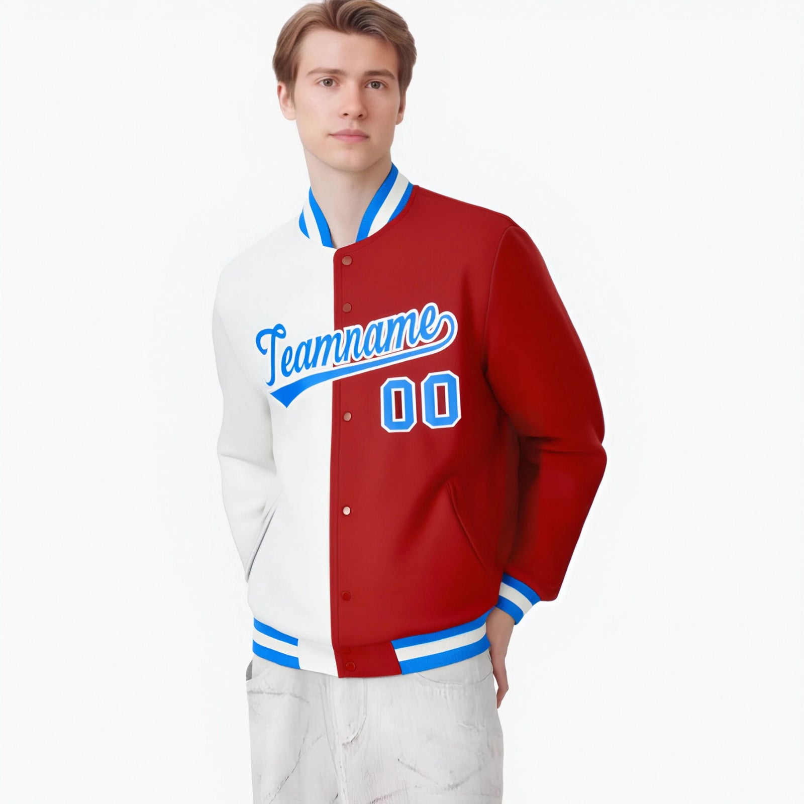 Custom White Red Light-Blue Bomber Full-Snap Varsity Letterman Split Fashion Jacket