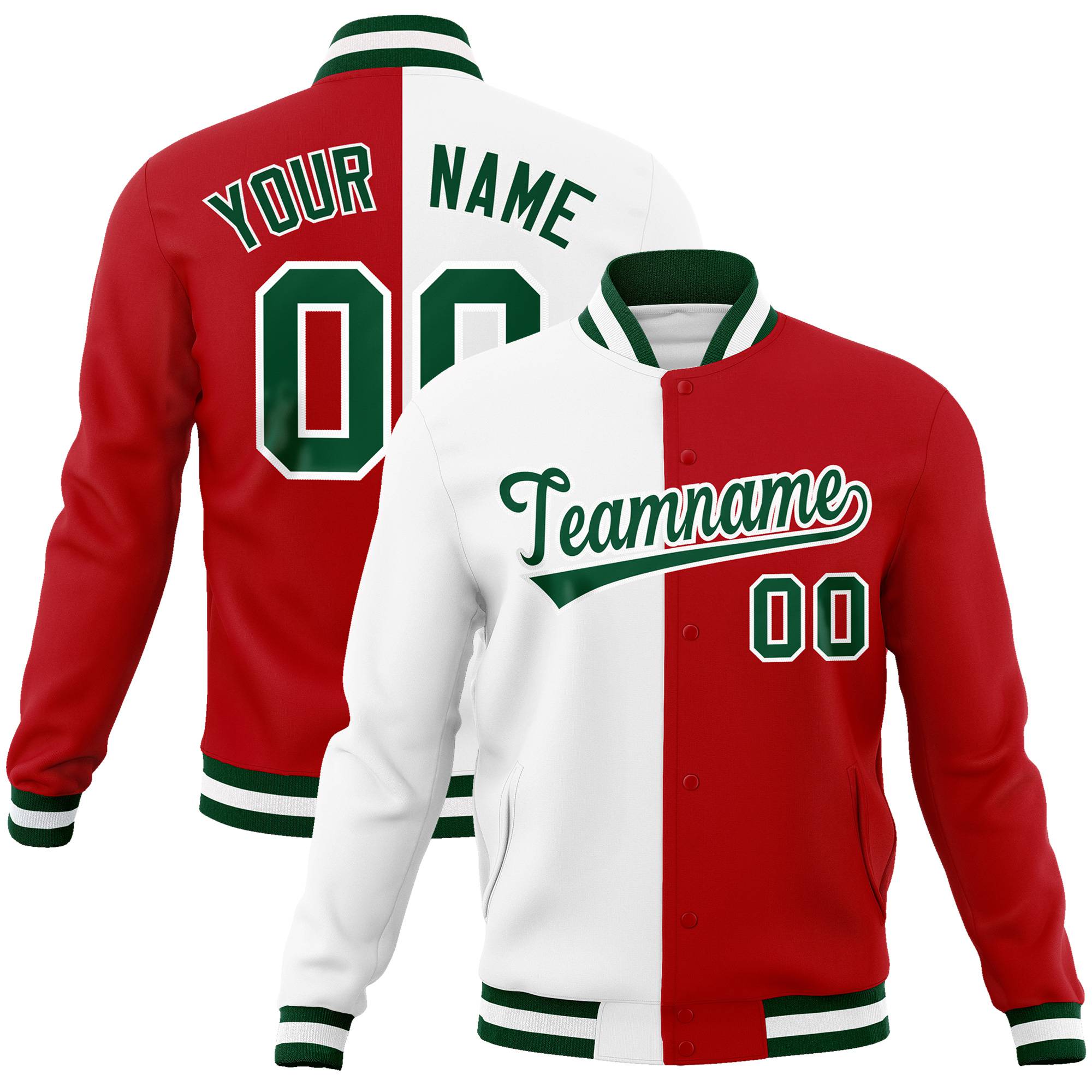 Custom White Red Kelly-Green Bomber Full-Snap Varsity Letterman Split Fashion Jacket