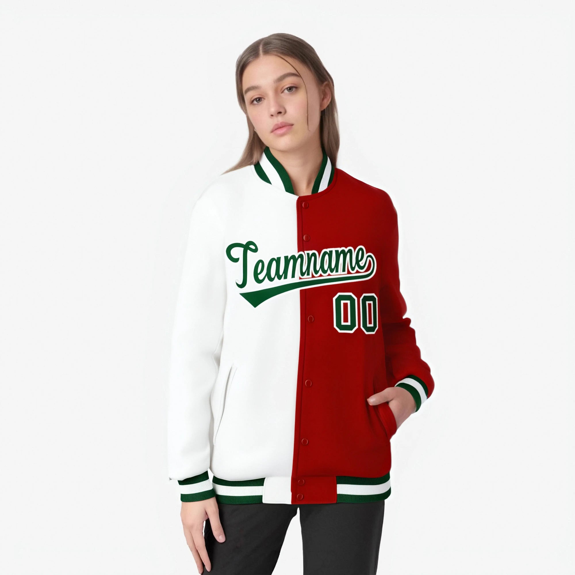 Custom White Red Kelly-Green Bomber Full-Snap Varsity Letterman Split Fashion Jacket