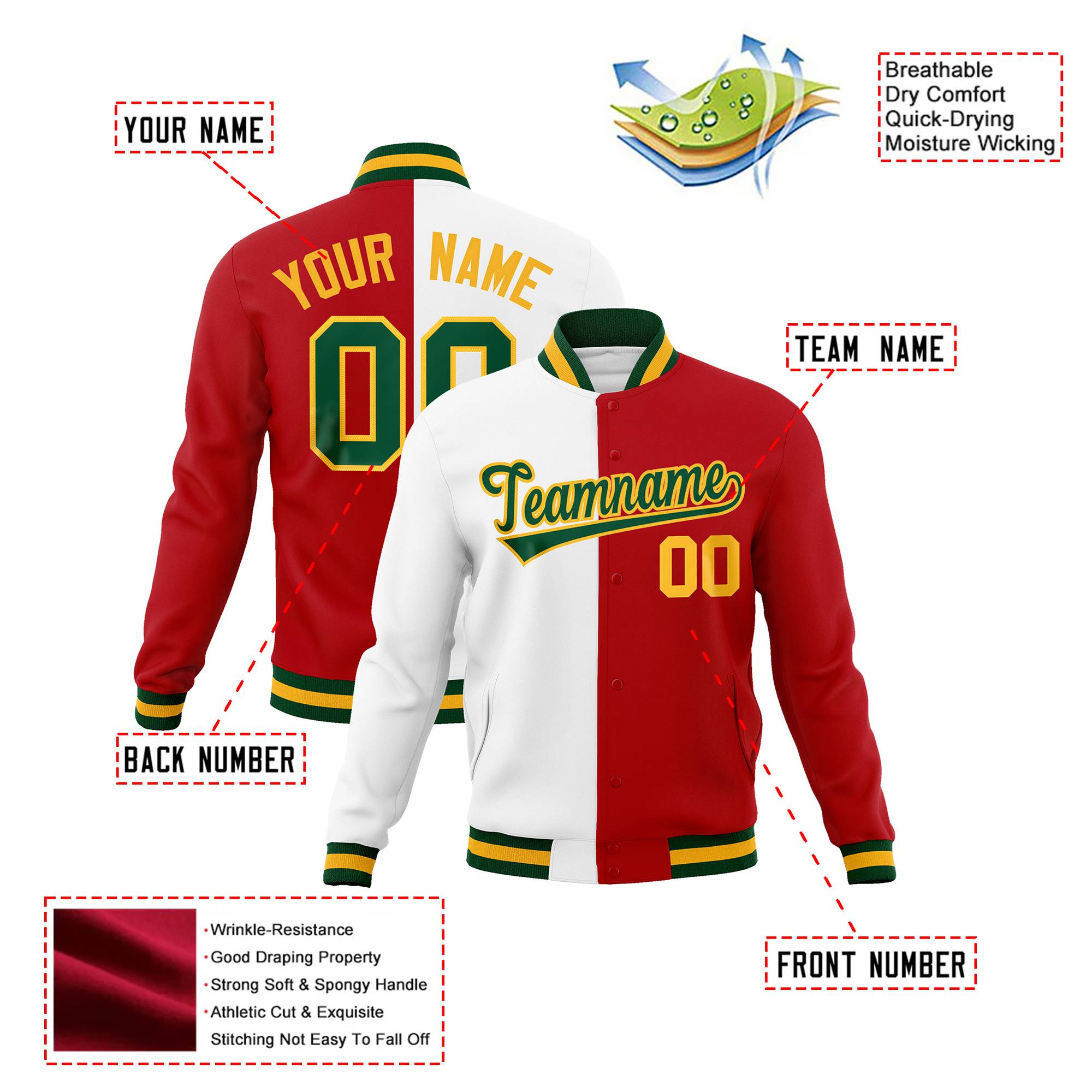 Custom White Red Kelly-Green Gold Bomber Full-Snap Varsity Letterman Split Fashion Jacket