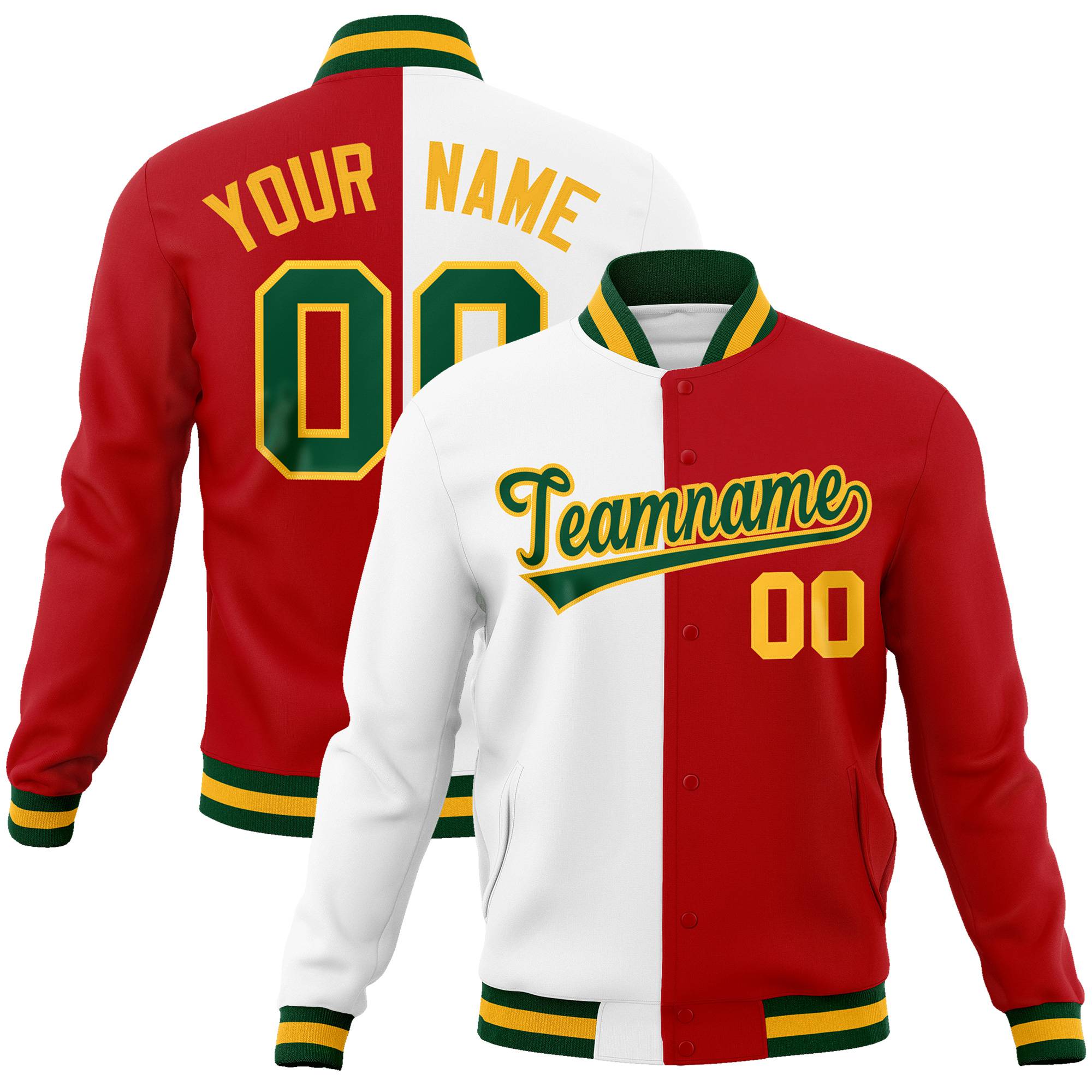 Custom White Red Kelly-Green Gold Bomber Full-Snap Varsity Letterman Split Fashion Jacket