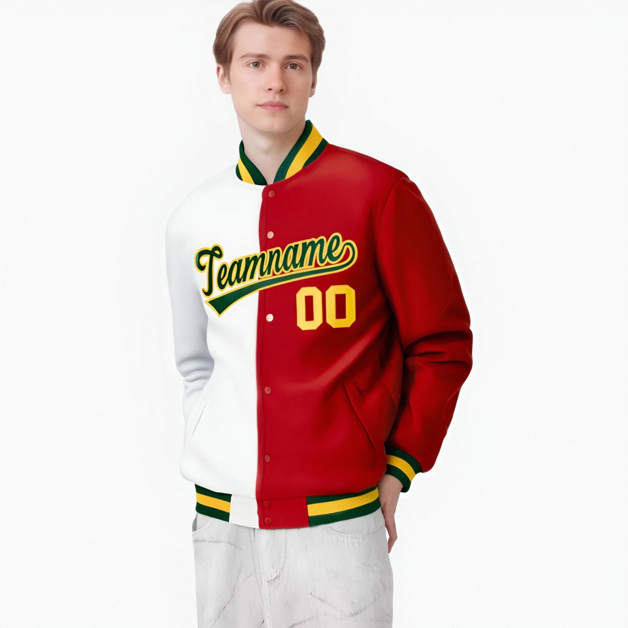 Custom White Red Kelly-Green Gold Bomber Full-Snap Varsity Letterman Split Fashion Jacket