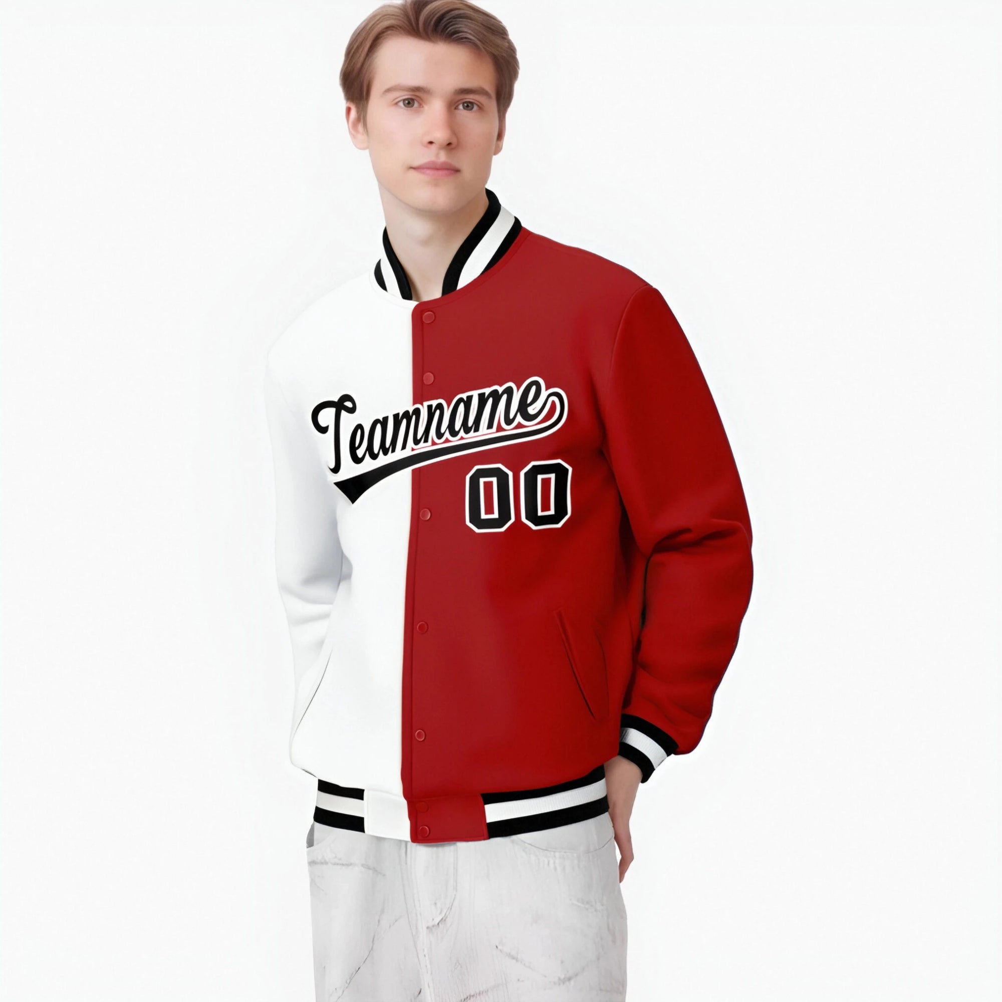 Custom White Red Black Bomber Full-Snap Varsity Letterman Split Fashion Jacket