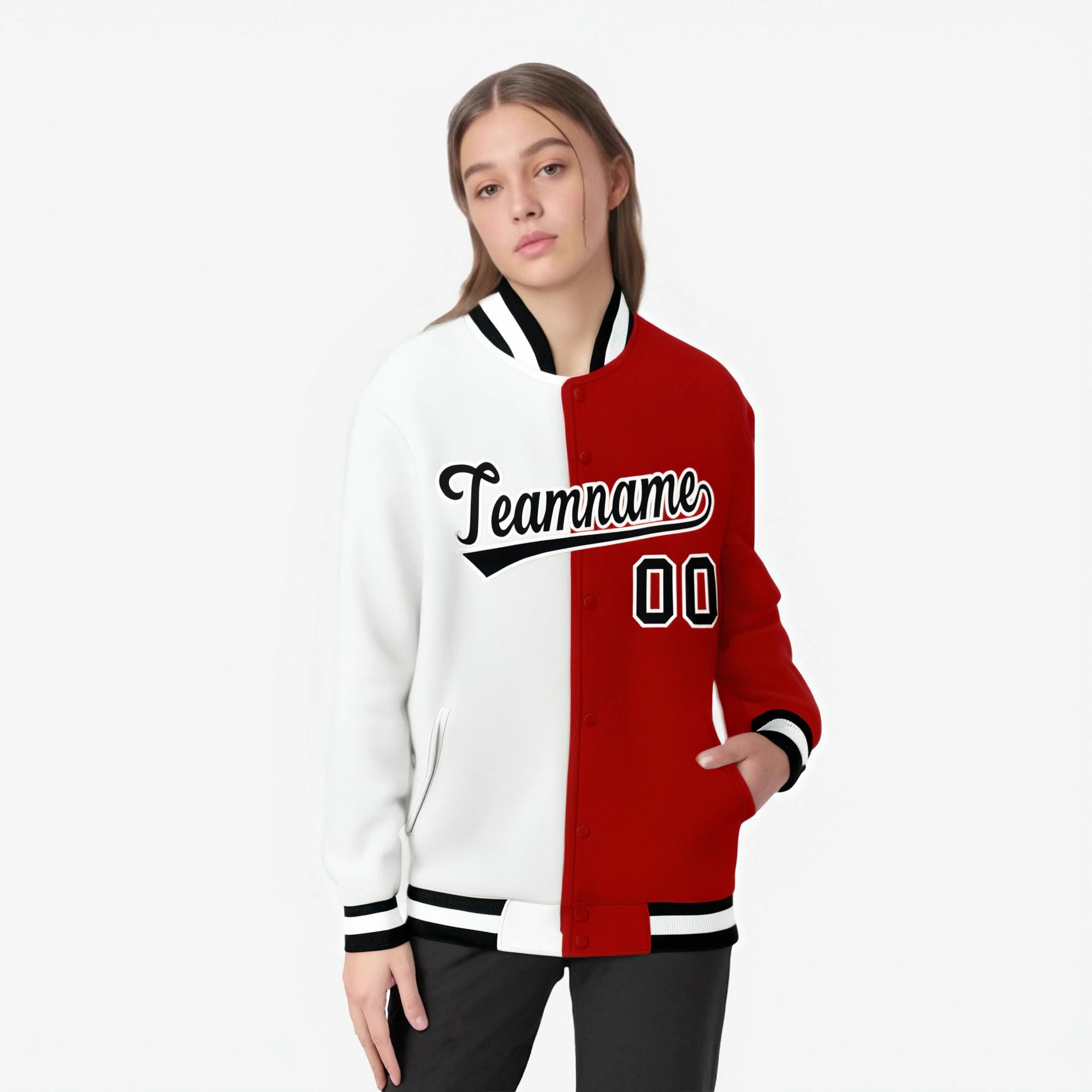 Custom White Red Black Bomber Full-Snap Varsity Letterman Split Fashion Jacket