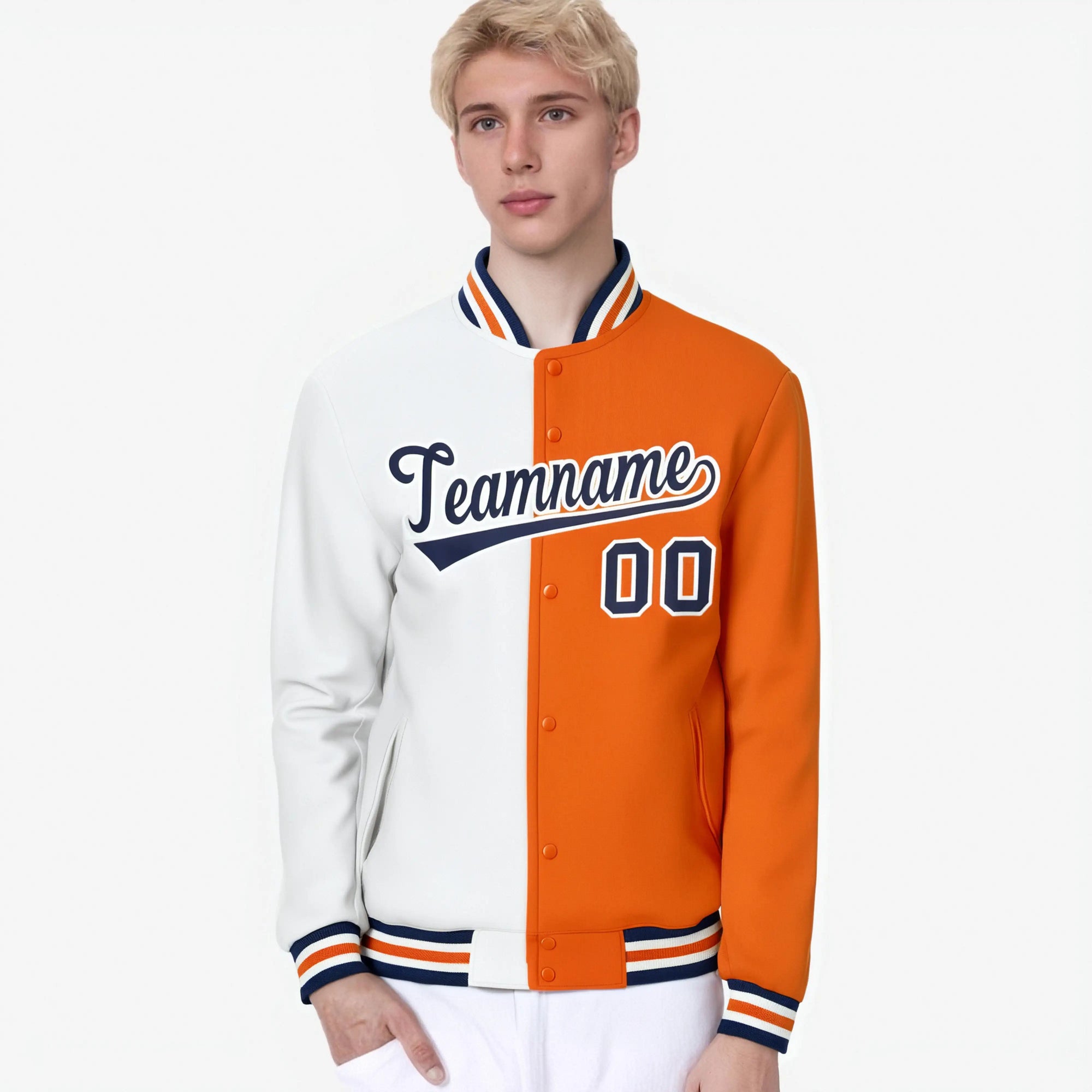 Custom White Orange Purple Bomber Full-Snap Varsity Letterman Split Fashion Jacket