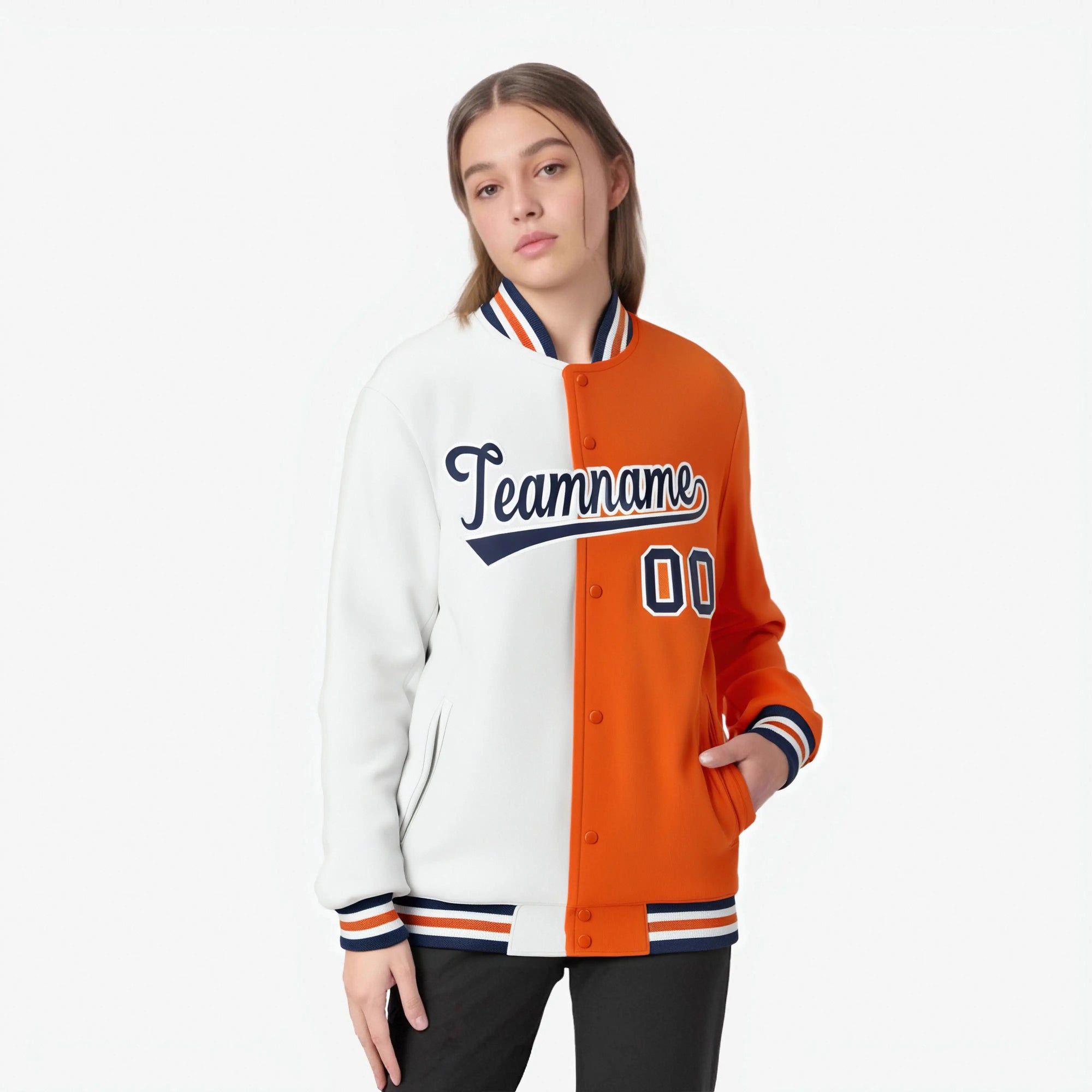 Custom White Orange Purple Bomber Full-Snap Varsity Letterman Split Fashion Jacket